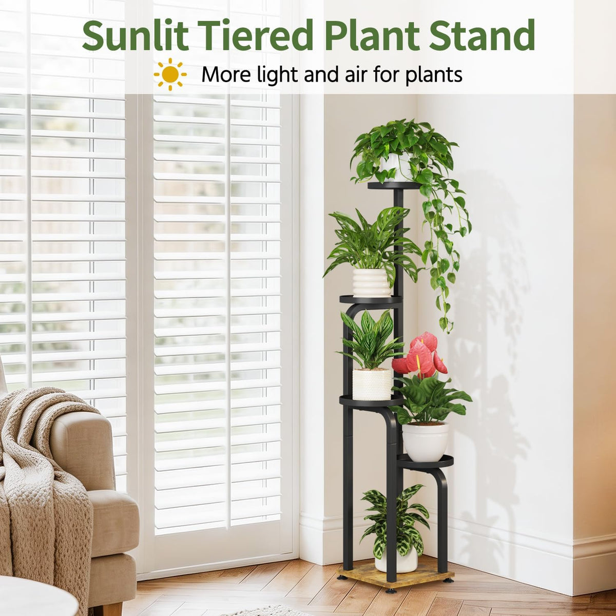 LASZOLA Plant Stand Shelf Tall Indoor Corner, 5 Tier Metal Black | Modern Multiple Flower Display Rack with Metal Tray