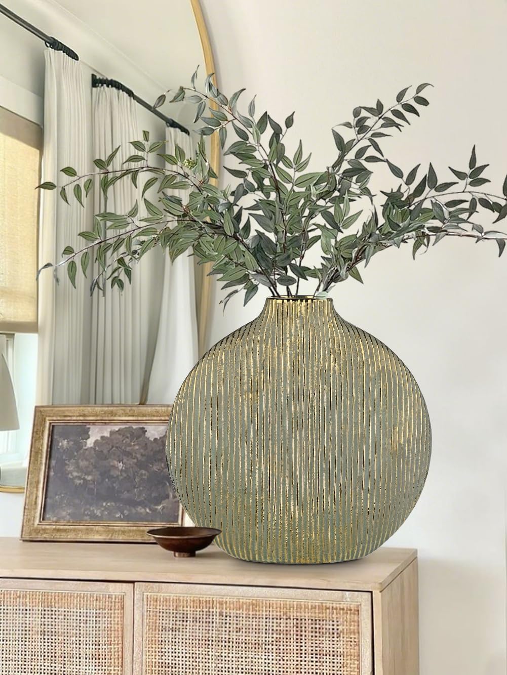Gold Flower Ceramic Vase 12" Striped Large Vase / Gold 12 / 12in