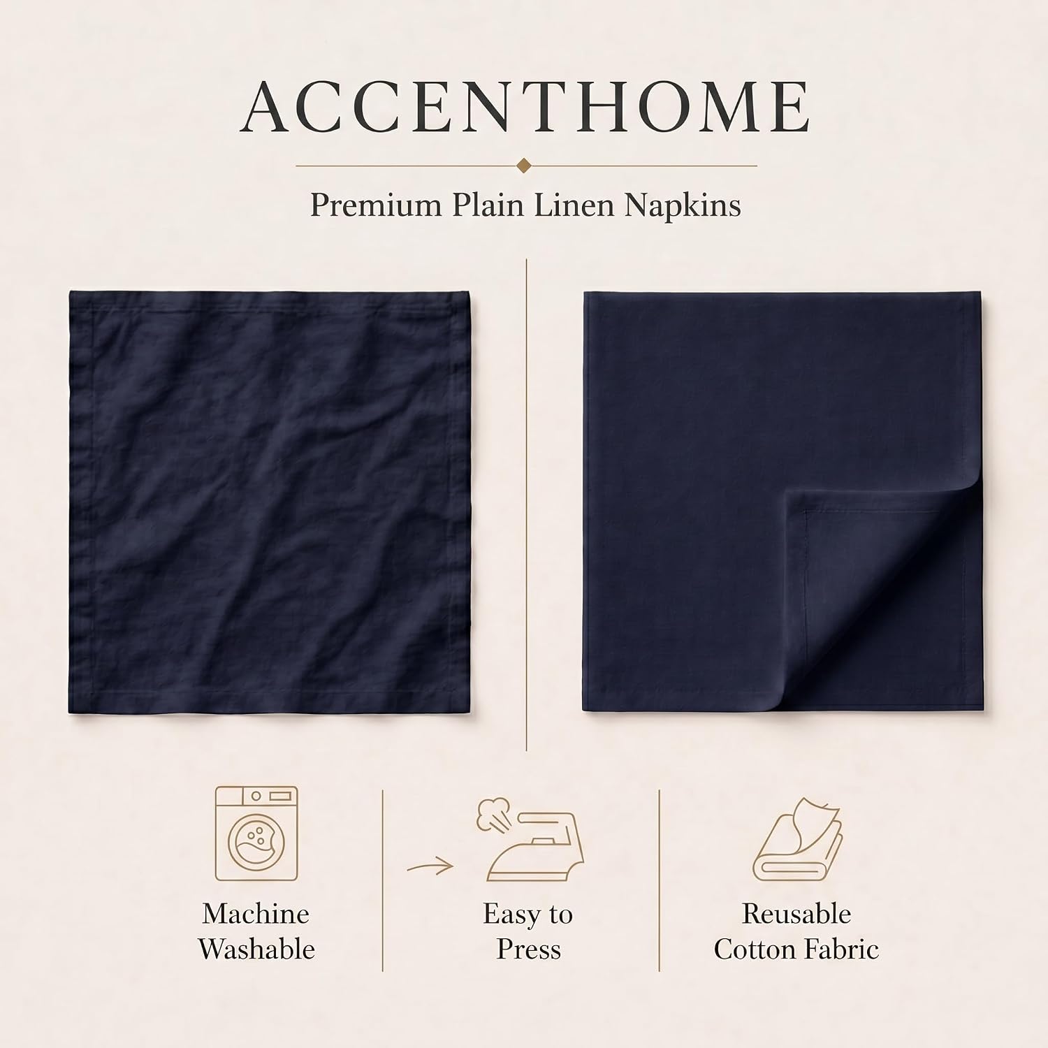 ACCENTHOME Navy Cotton Linen Napkin Set of 12 18x18 inch Dinner Napkins | Cotton Linen Blend Napkins, Machine Wash On