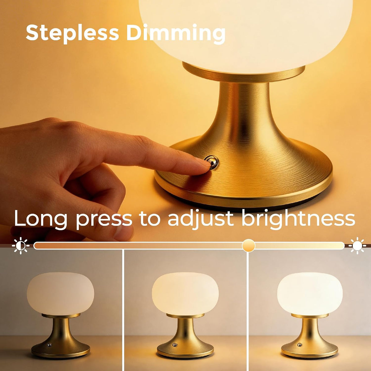 Cordless Mushroom Table Lamp - Stepless Dimming - 2700K Warm Light - Gold | Aluminum Base & Glass Shade - 150LM