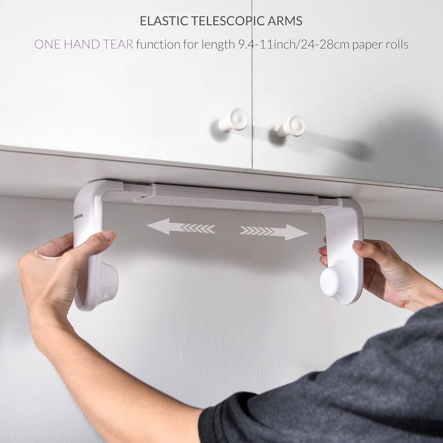 ONE Hand Tear Paper Towel Holder Under Cabinet/Wall for 9.4-11inch, White | adaptive adjustable tension arm | tear