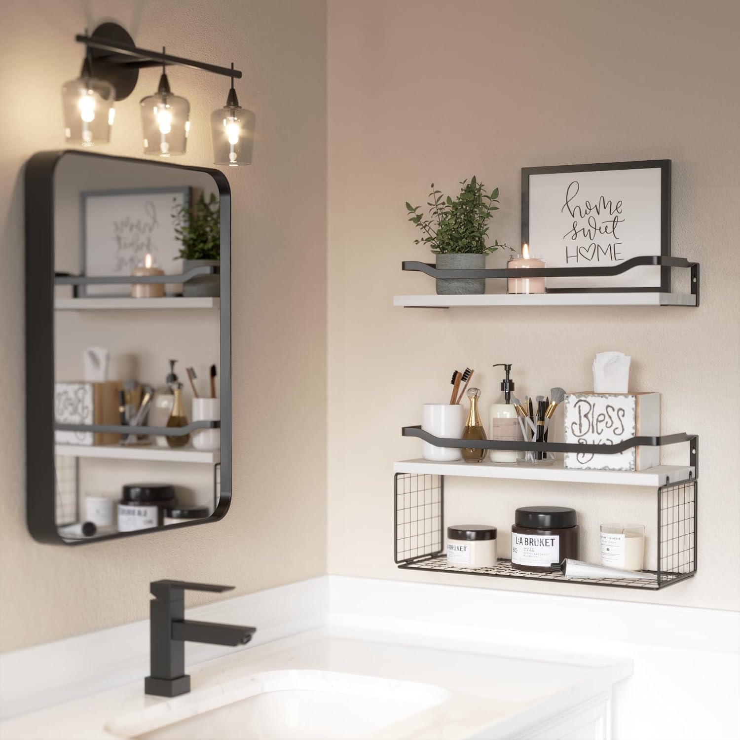 Bathroom Shelves Over Toilet with Protective Metal Guardrail | Floating Shelves with Wire Storage Basket, Wood Wall