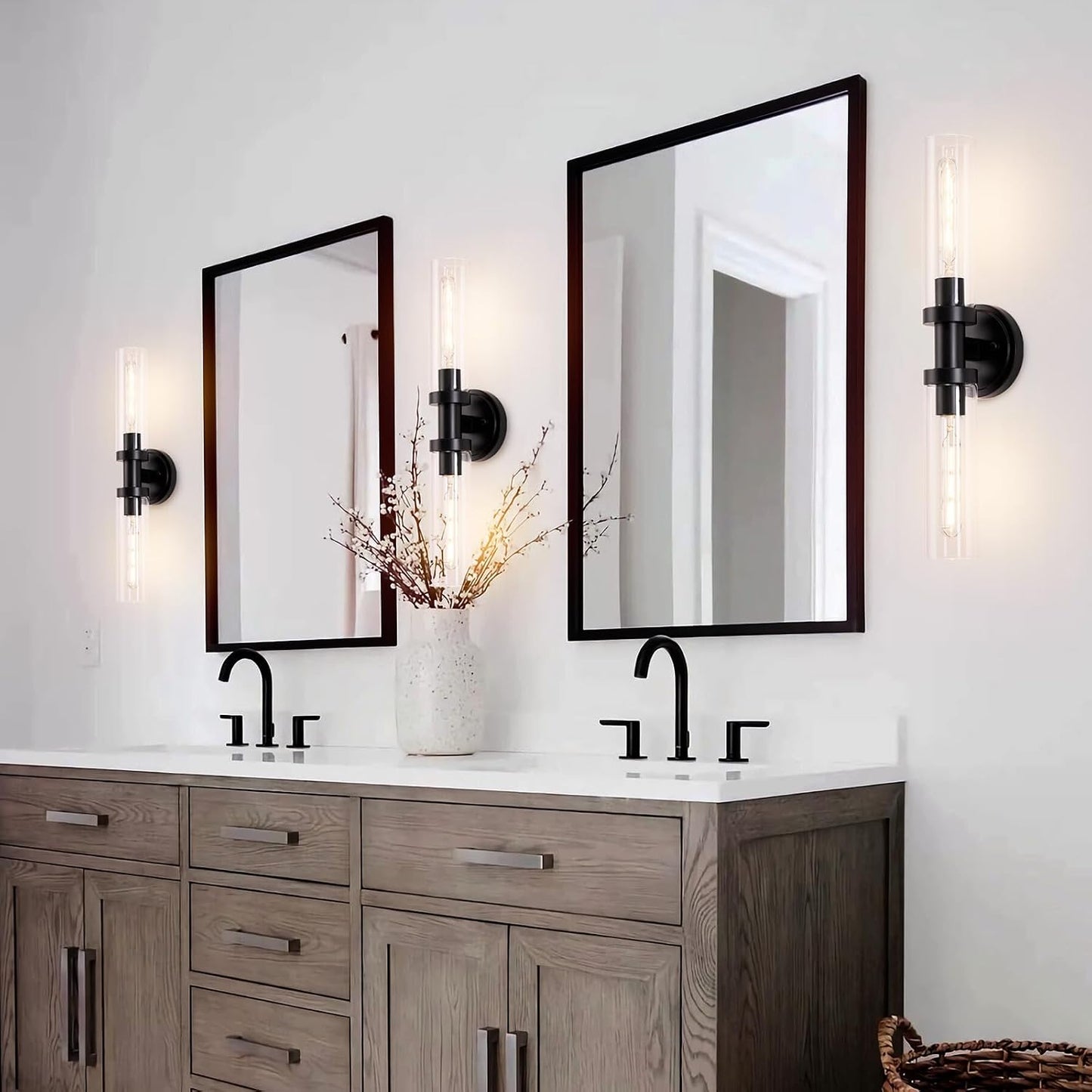 Black Sconces Wall Lighting, Bathroom 2-Light Vanity Light W/Clear Glass Shade, Modern Wall Mounted Lights for Mirror