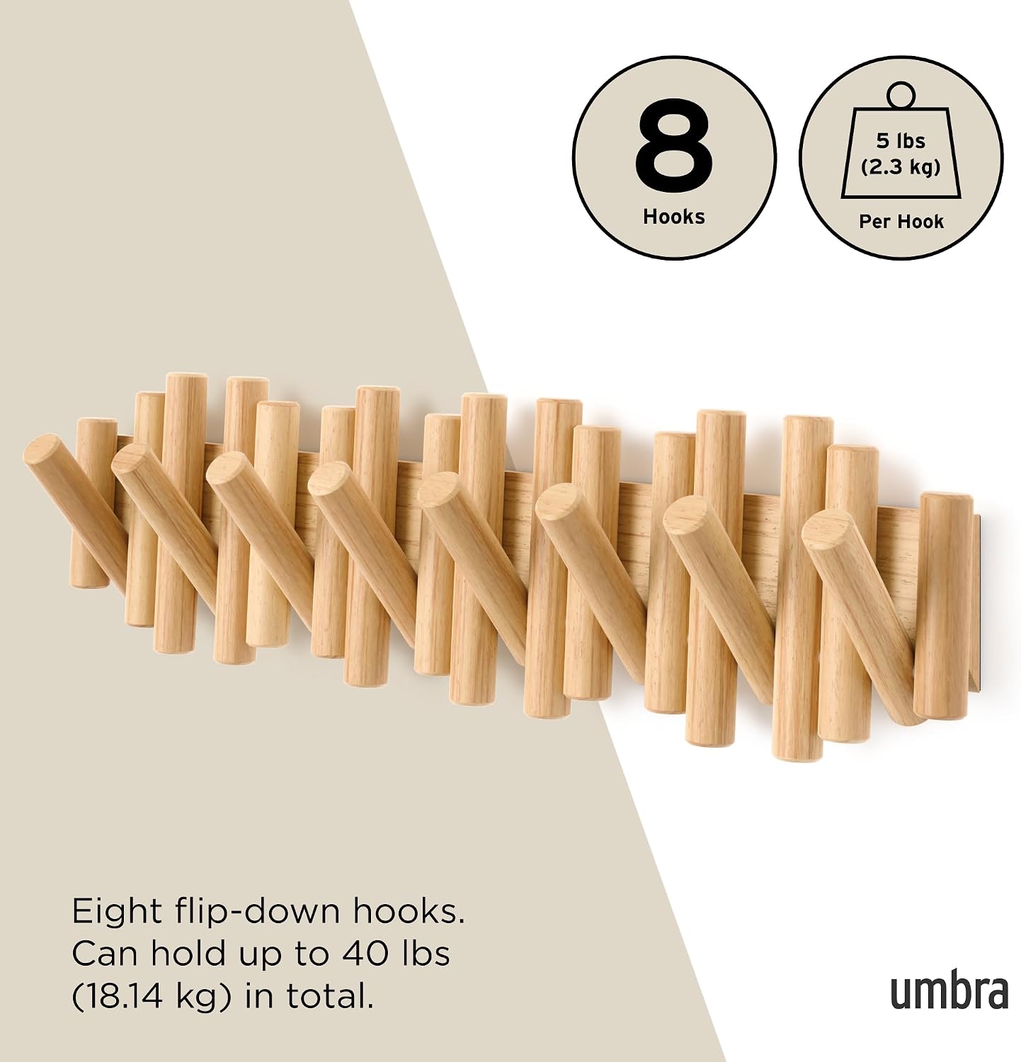 Flip-Down Wooden Hooks / Natural / 8-hook