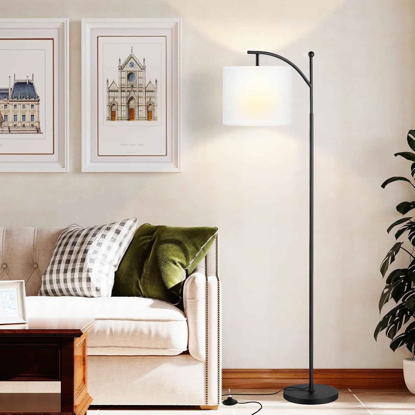 Ambimall 60" Floor Lamp with 3 Color Temperatures, Adjustable White Shade, Black Pole - Tall Lamp for Living Room