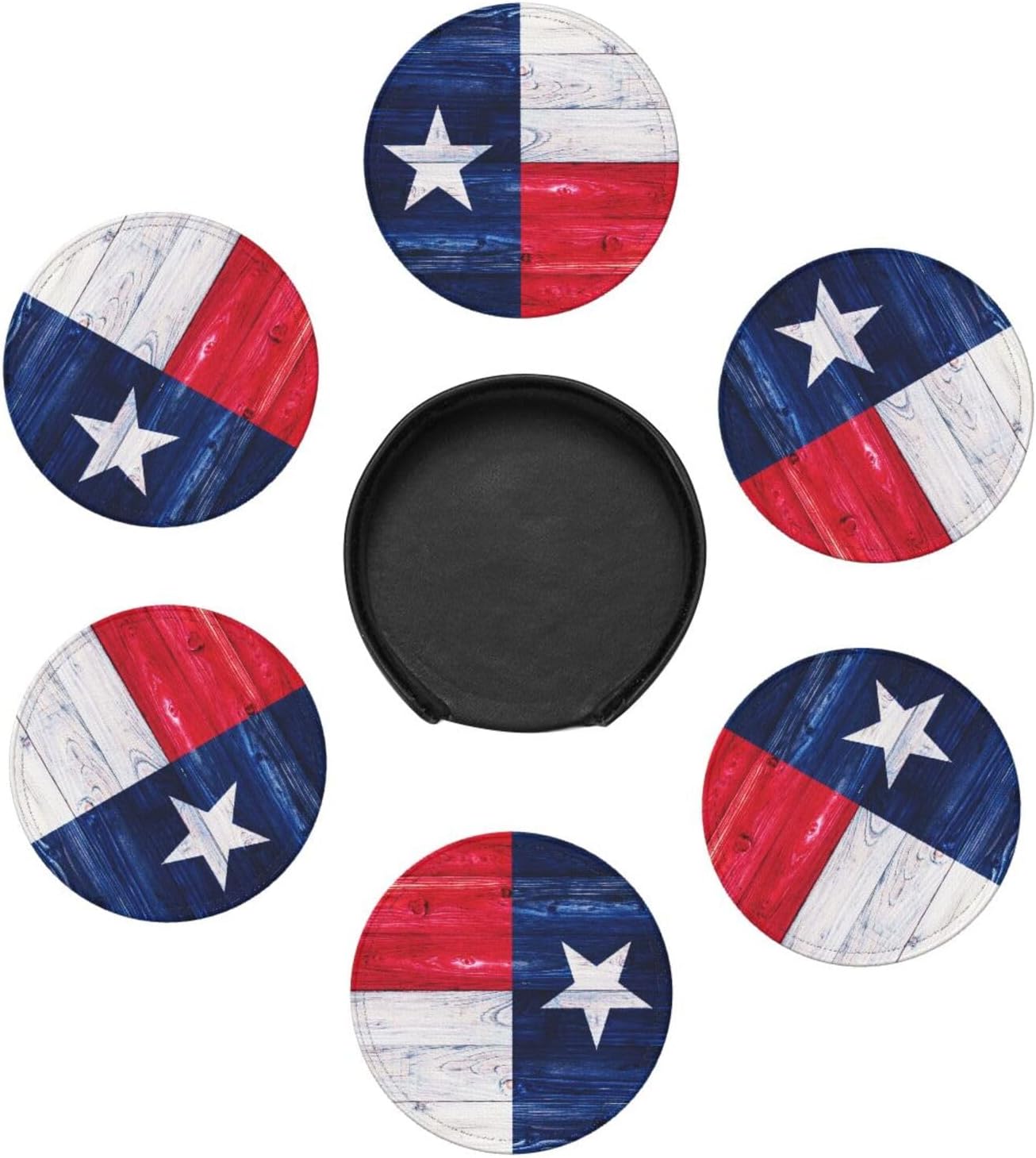 Holder / Leather Drinks Coasters / Texas Flag Wooden / Set of 6