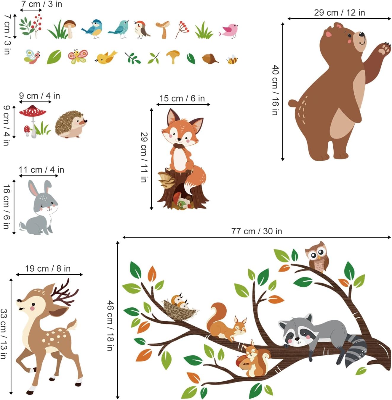 Tree Branch Wall Decals Bear Fox Deer Forest Wall Stickers Kids Room Baby Nursery / Woodland Animal