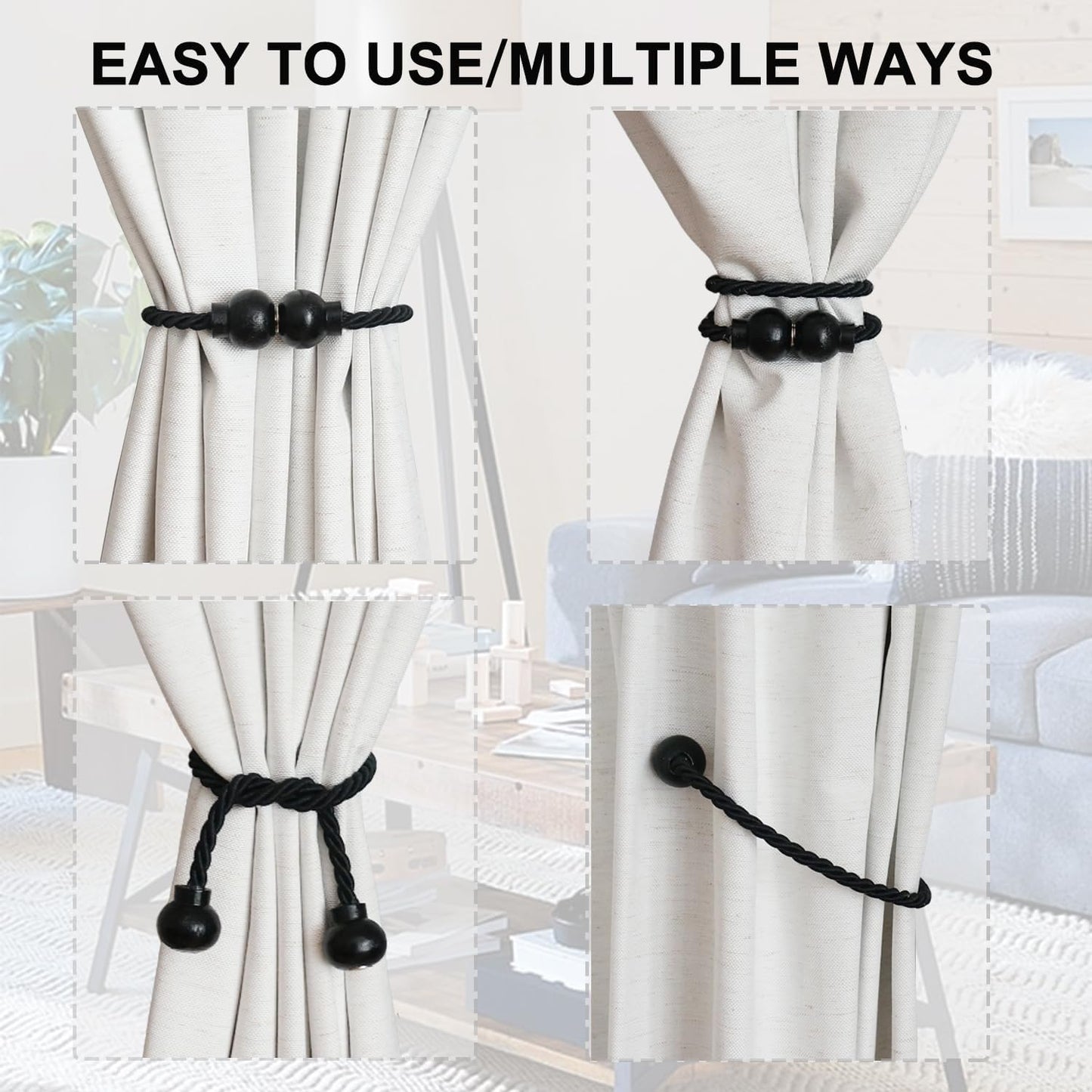 6Pcs Magnetic Curtain Tiebacks Modern Handmade Rope Curtain Tie Backs Black | Decorative Drapes Weave Holdbacks for
