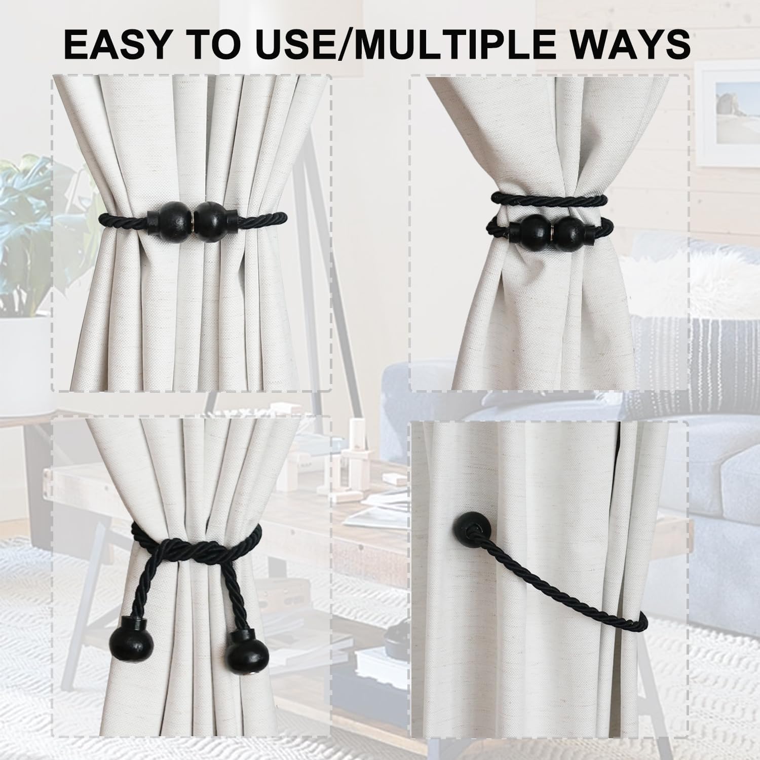 6Pcs Magnetic Curtain Tiebacks Modern Handmade Rope Curtain Tie Backs Black | Decorative Drapes Weave Holdbacks for
