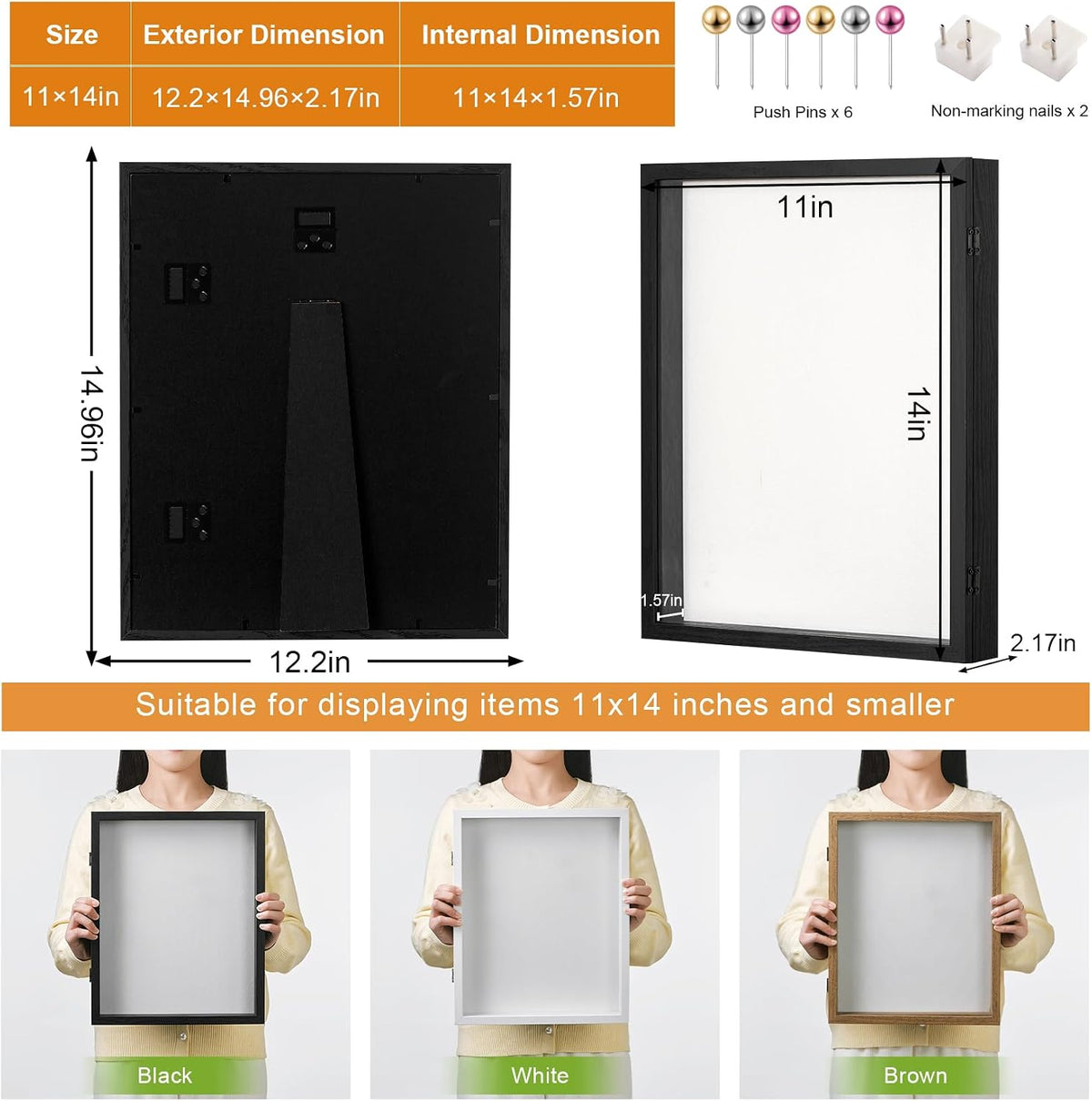11x14 Black Deep Shadow Box Picture Frame with HD Clear Glass | Shadow Box Display Case with Stand,Push Pins,and Linen
