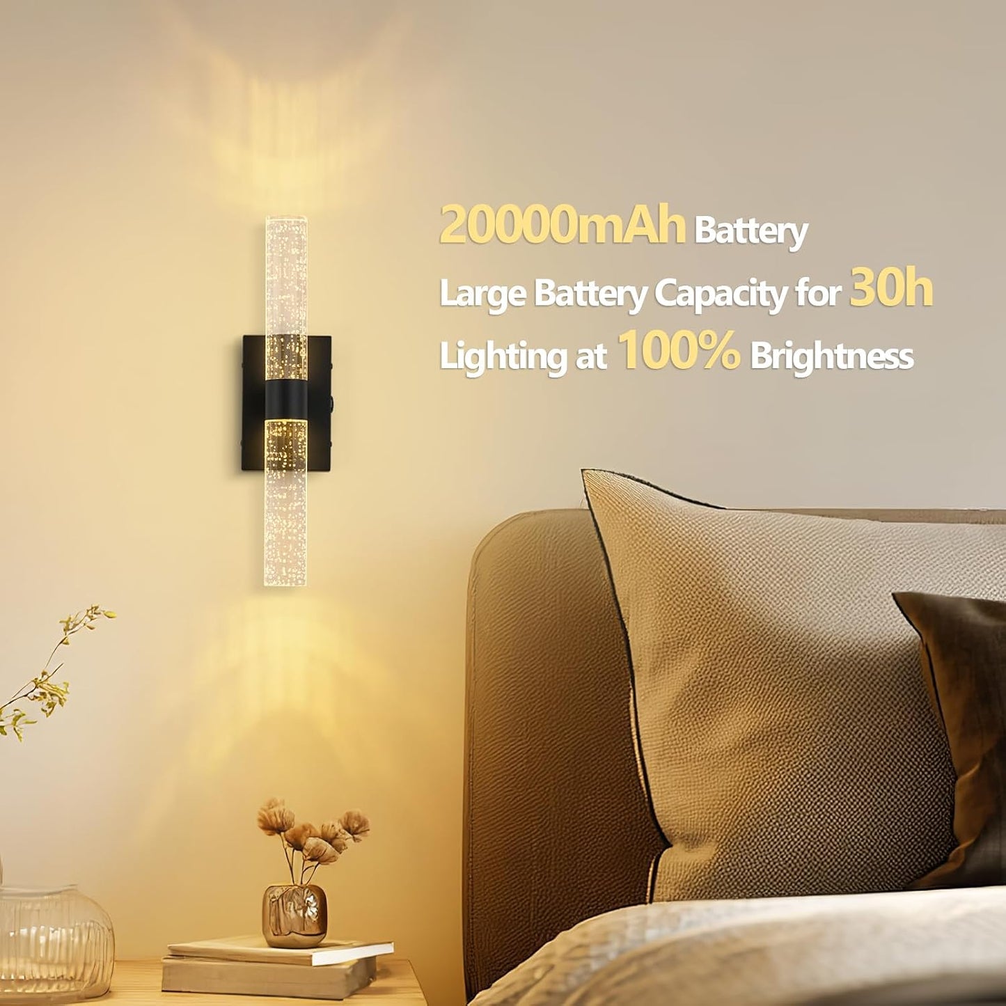 Battery Operated Wall Sconces Set of 2, 20000mAh Rechargeable Wall Light | Remote Control 3000K-6000K Dimmable LED