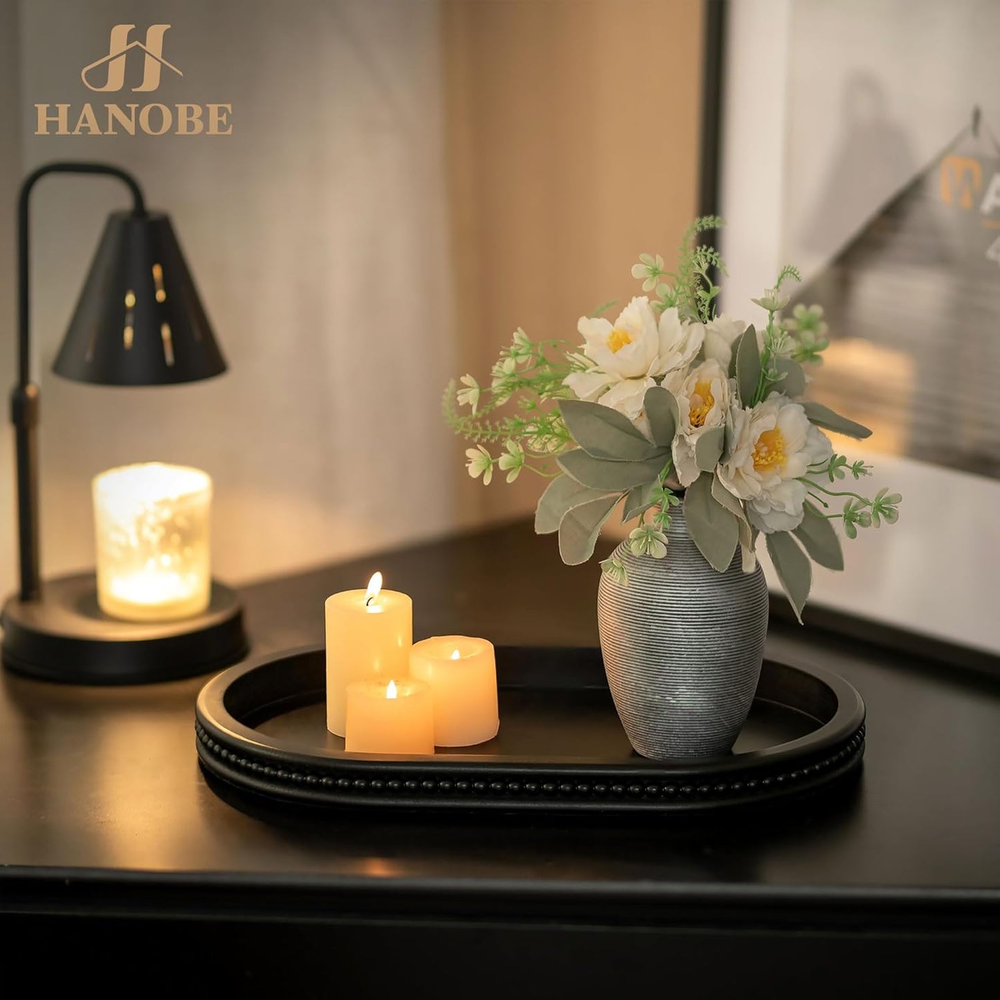 Oval Centerpiece Tray Wood for Farmhouse Entry Table Decor Round / Black