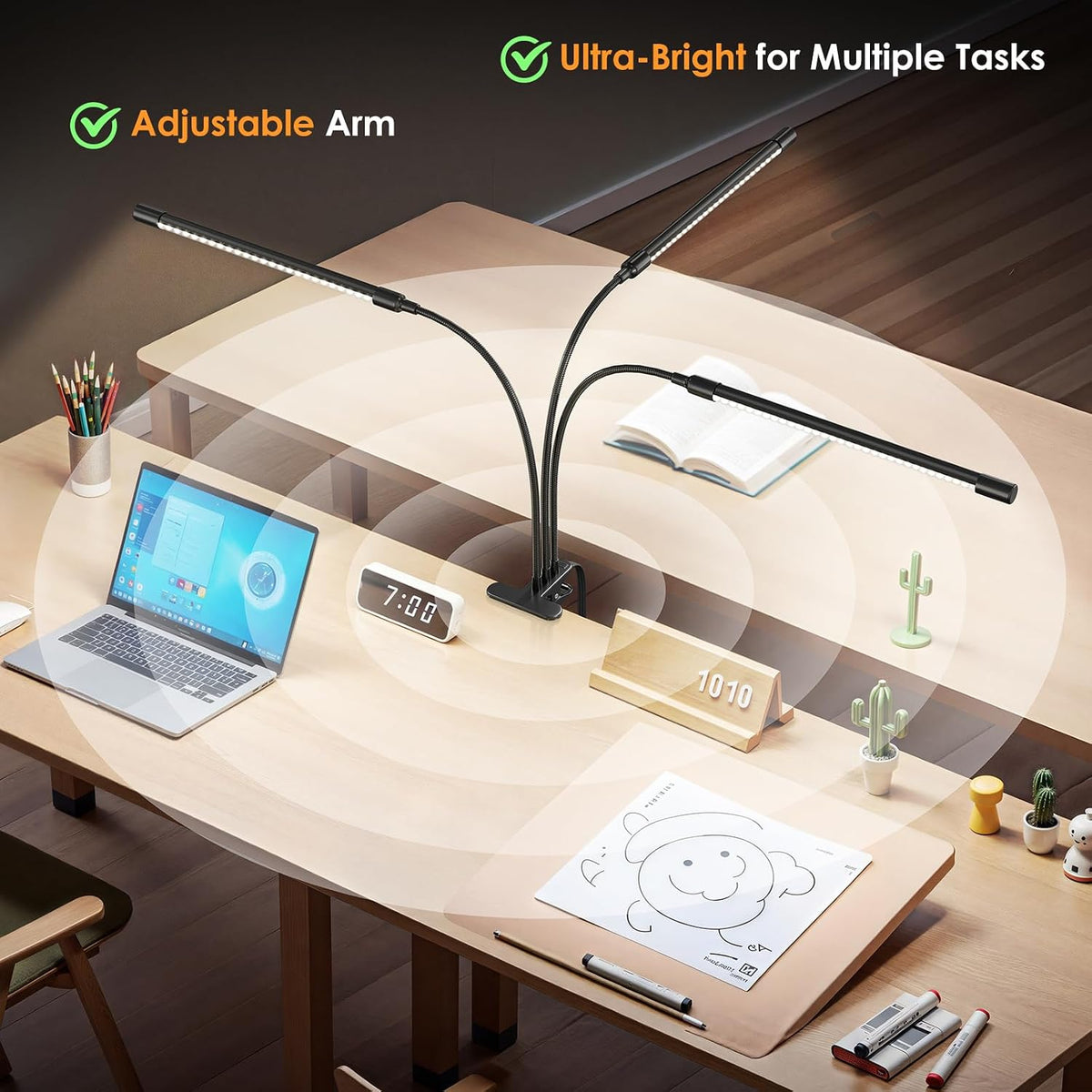 ShineTech 3-Head LED Desk Lamp with Clamp, Eye-Caring Clip on Lights | Ultra-Wide Lighting, 4 Color Modes, Stepless