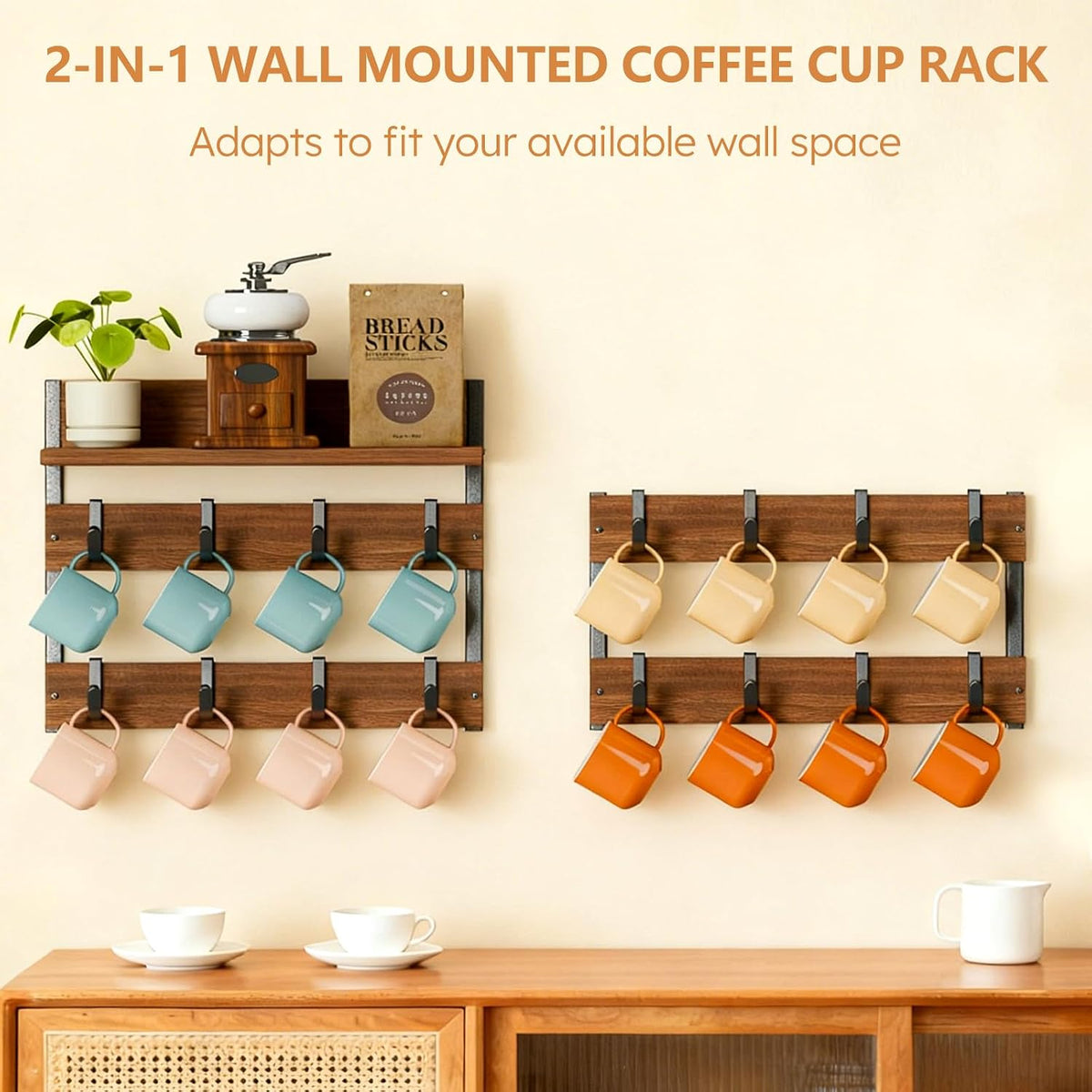 2-in-1 Coffee Cup Holder Wall Mounted with 16 Adjustable Hooks | 4-Tier Coffee Mug Holder Wall Mount with Display