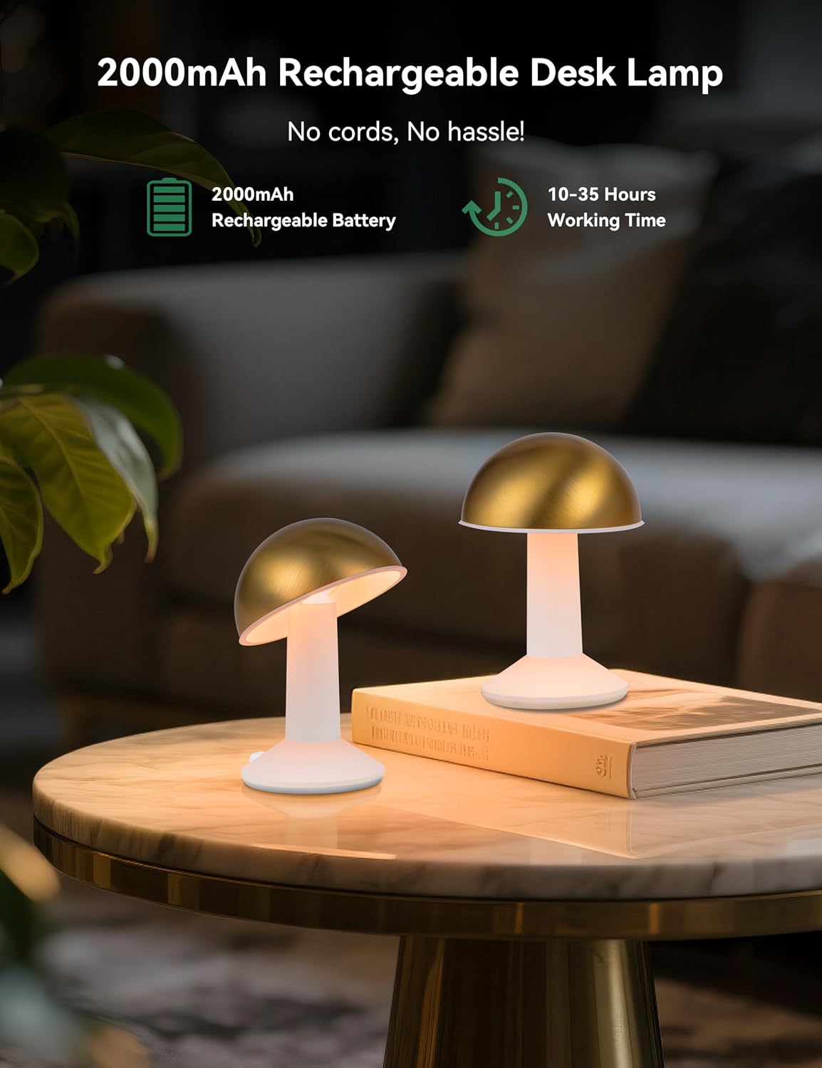 Tubicen 2 Pack Rotatable Mushroom Table Lamp Gold Cordless Bedside Lamp | 4-Level Dimmable Battery Rechargeable Small