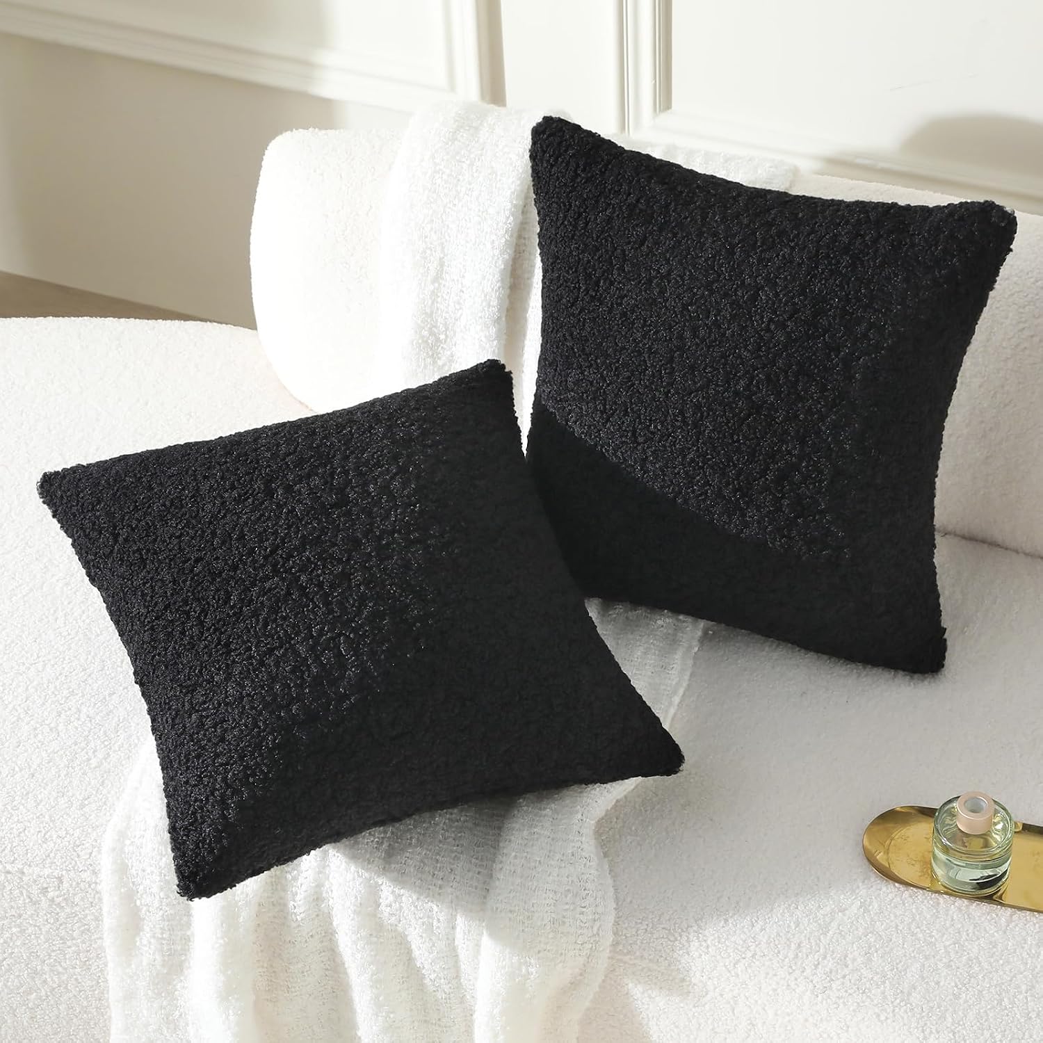 Furry Faux Fur Teddy Boucle Textured Cushion Covers / Black / 20 x 20 / Set of 2