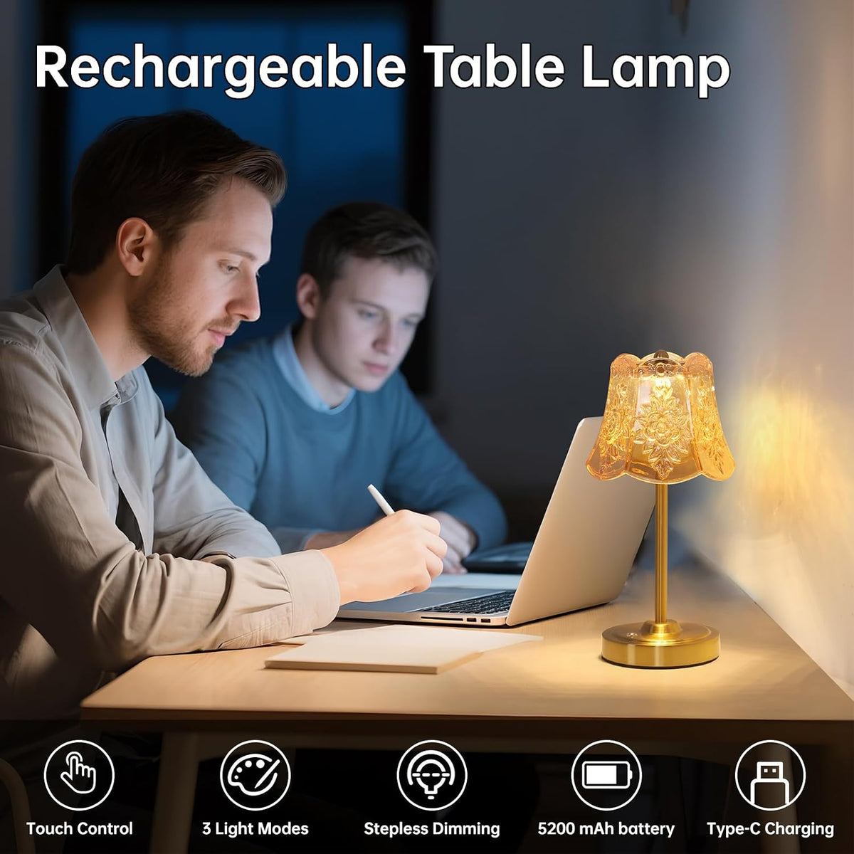 Shenmoyl Set of 2 Cordless Touch Table Lamp with 5200mAh Battery - 3 Adjustable Color Temperatures & Dimmable