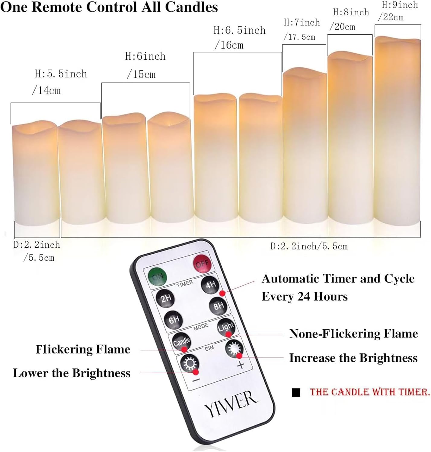 YIWER Flameless Candles Battery Operated Candles 4" 5" 6" 7" 8" 9" Set of 9 Ivory Real Wax Pillar LED Candles with