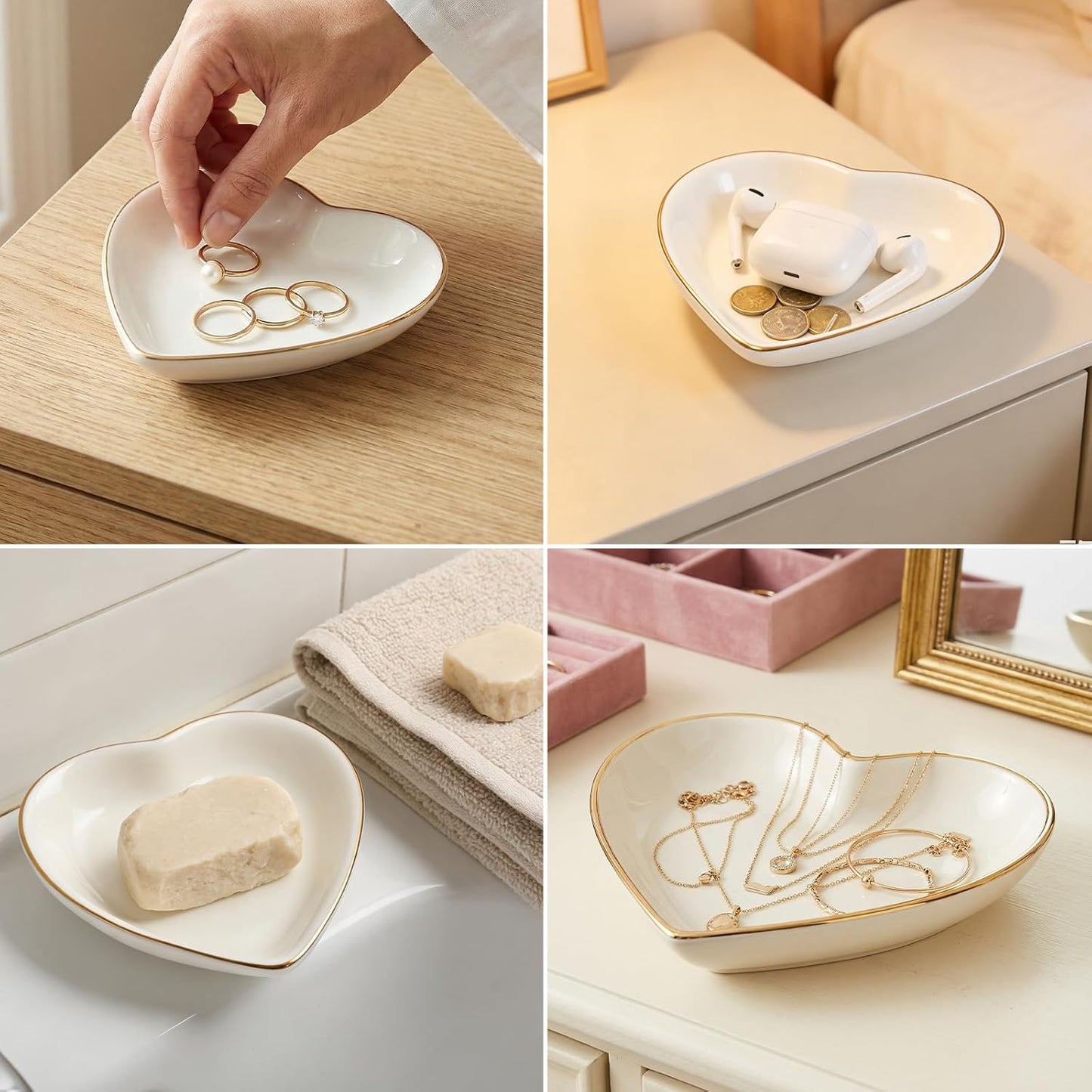 Ceramic Jewelry Tray Heart Jewelry Dish for Women / White Heart Shape / Set of 8