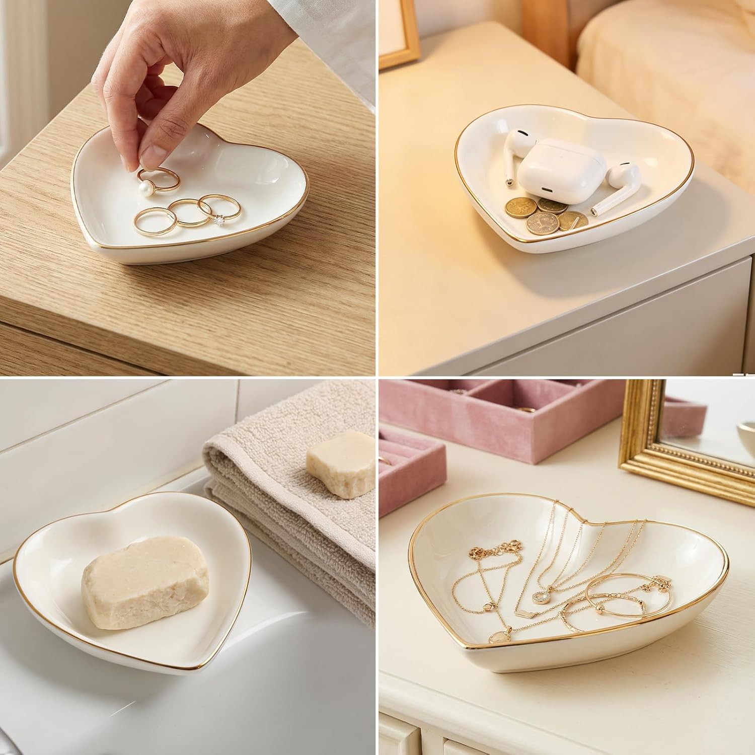Ceramic Jewelry Tray Heart Jewelry Dish for Women / White Heart Shape / Set of 8