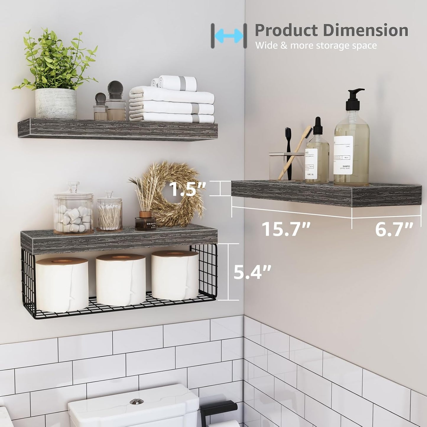 QEEIG Bathroom Shelves Over Toilet - Wall Mounted Floating Shelves Toilet Paper Storage Small Farmhouse Decor Shelf 16
