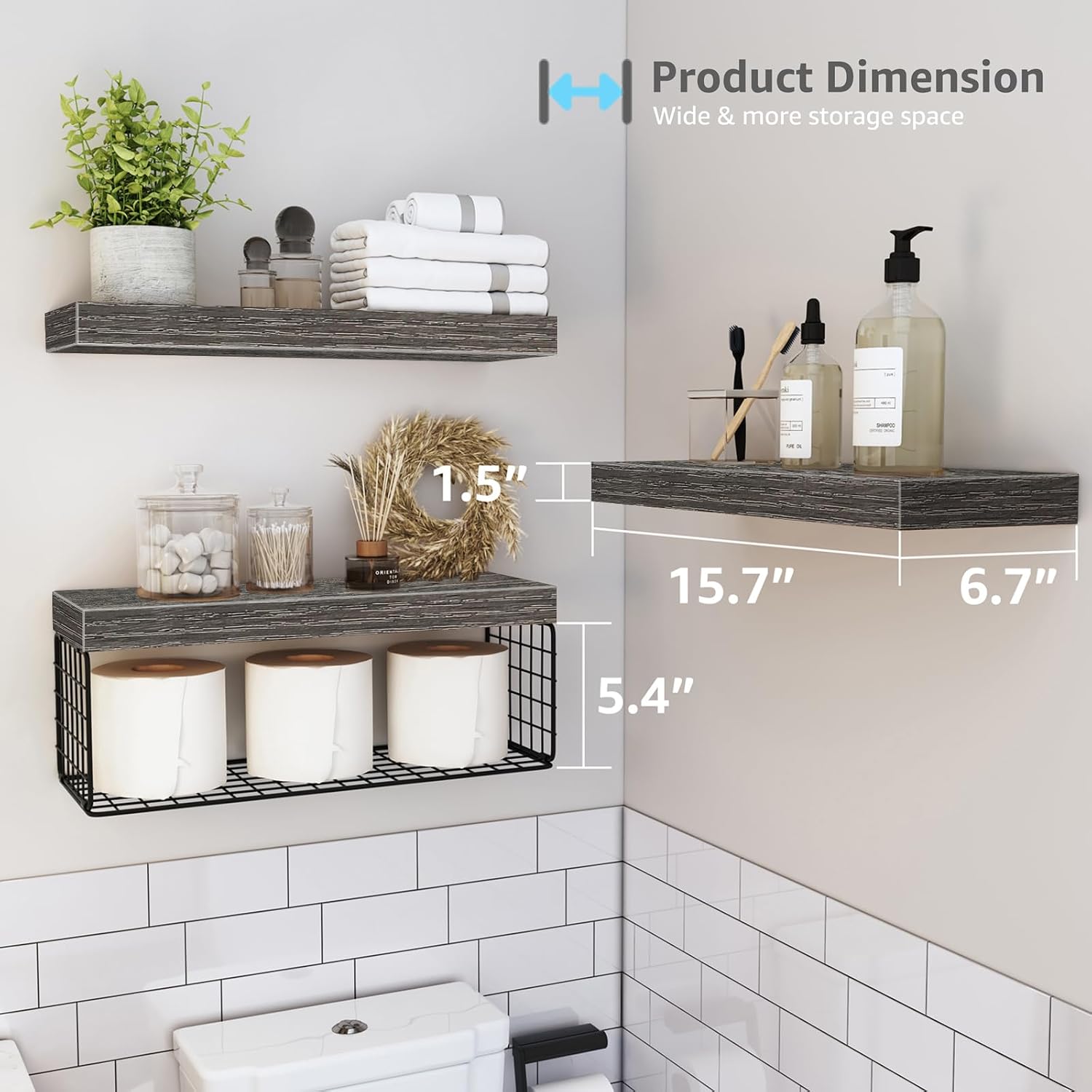 QEEIG Bathroom Shelves Over Toilet - Wall Mounted Floating Shelves Toilet Paper Storage Small Farmhouse Decor Shelf 16