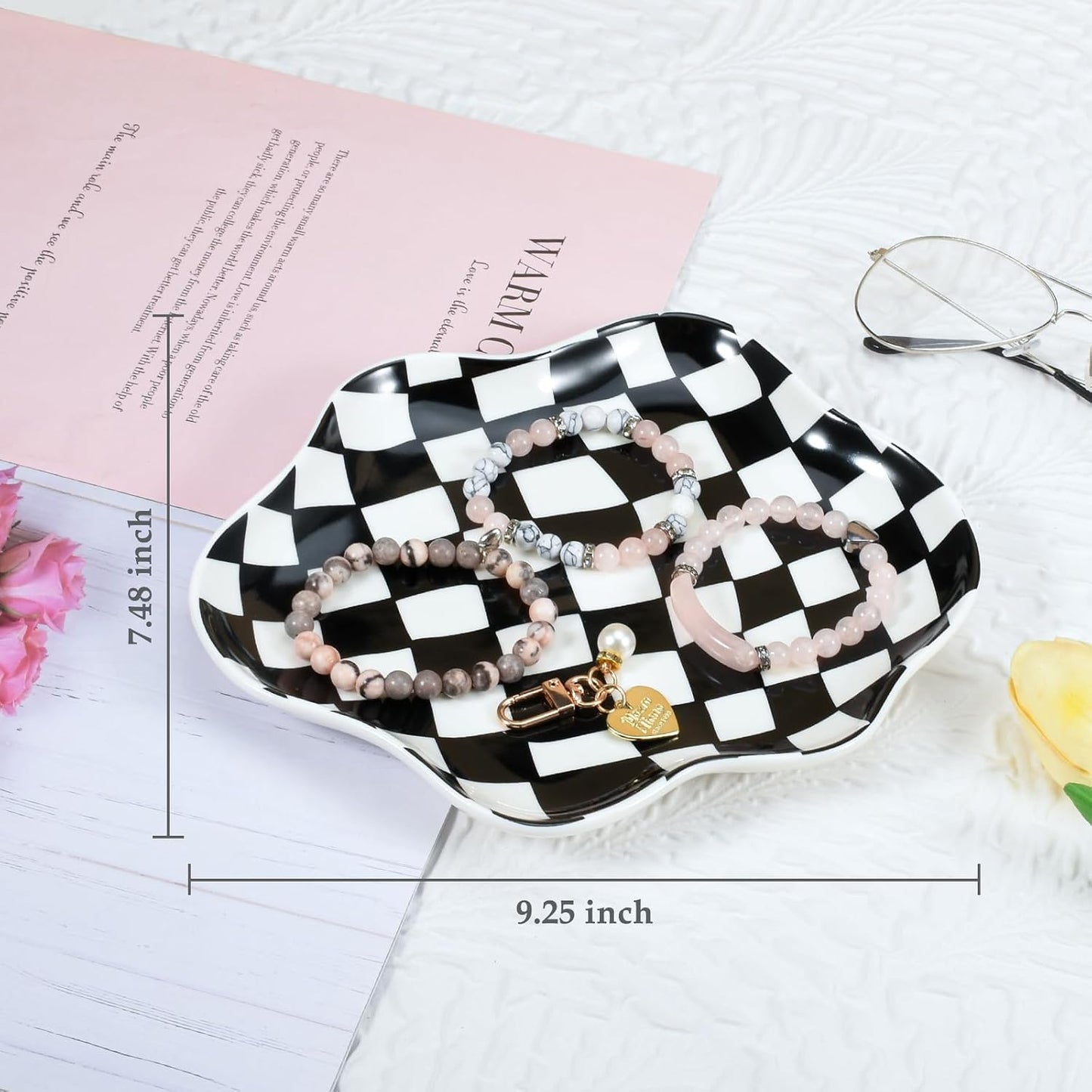 Ceramic Jewelry Dish Trinket Tray Organizer / Black and White Checkerboard