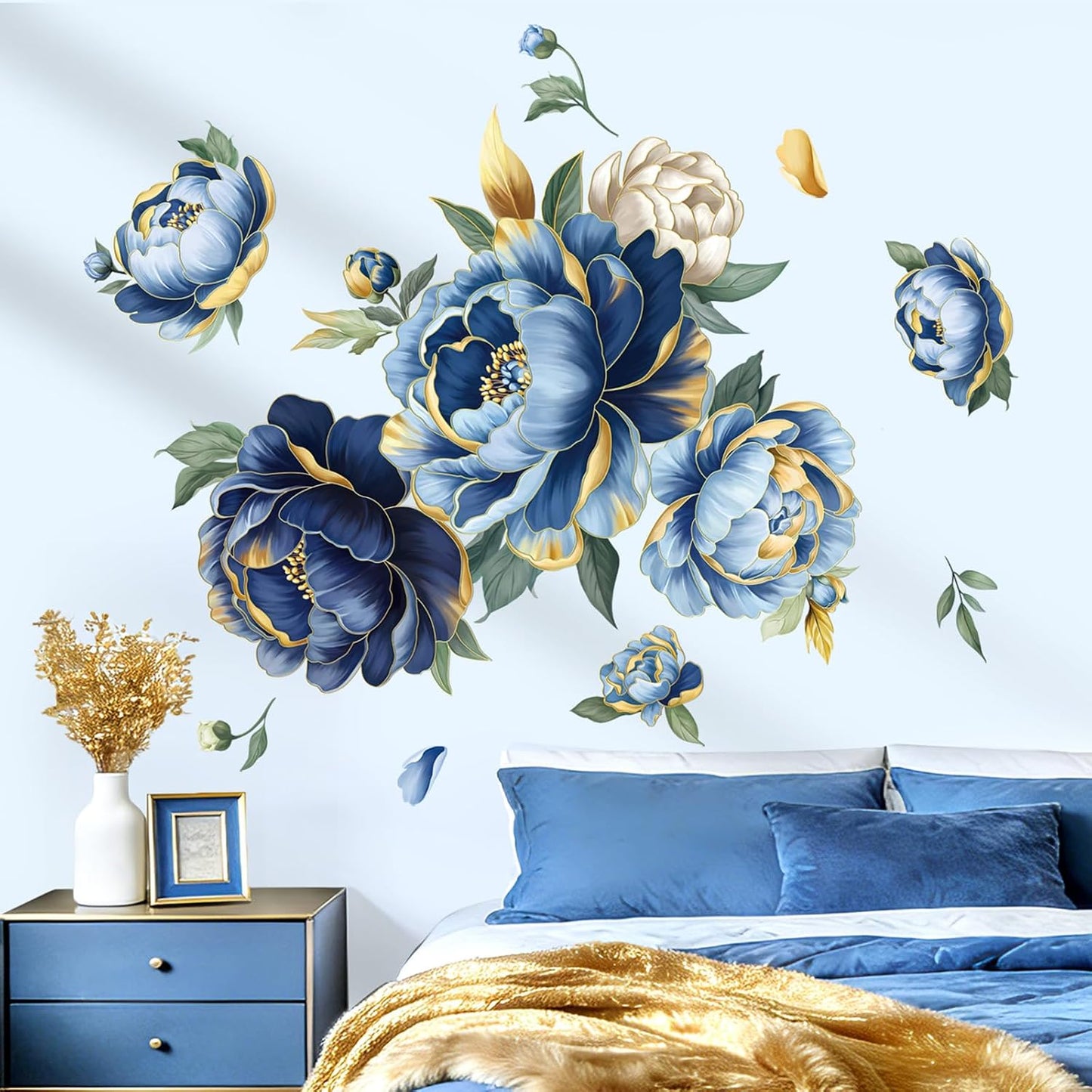 Large Flower Wall Stickers Gold Leaves Penoy Floral Wall Decals Bedroom Living Room Sofa TV / Blue