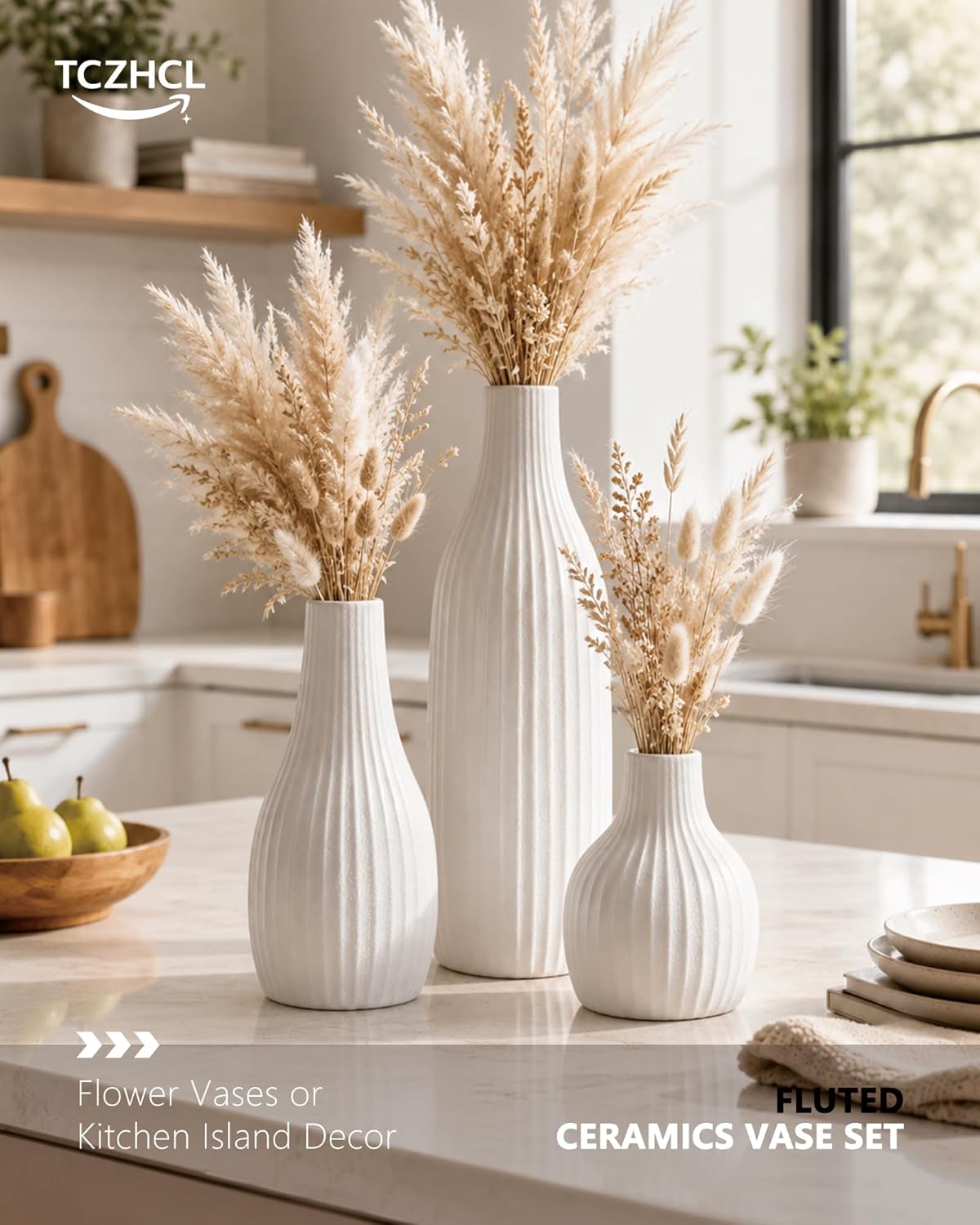 Minimal Line Ceramic Vase / White / Set of 3