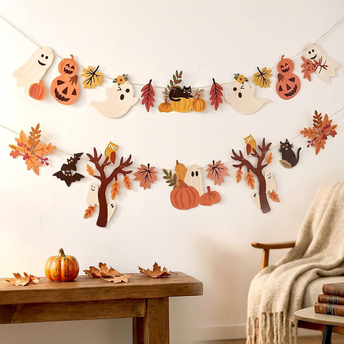 Halloween Fall Decorations - 2PCS Cute Little Ghost and Pumpkin Maple Leaves Paper Banner Bunting