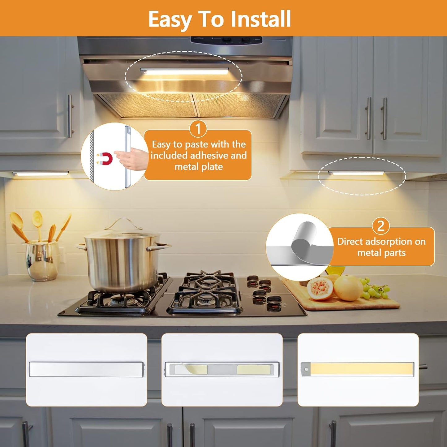 2-Pack Motion Sensor Under Cabinet Lighting, USB-C Rechargeable 1700mAh Battery, 3 Color Temperatures & Dimmable, 35LED