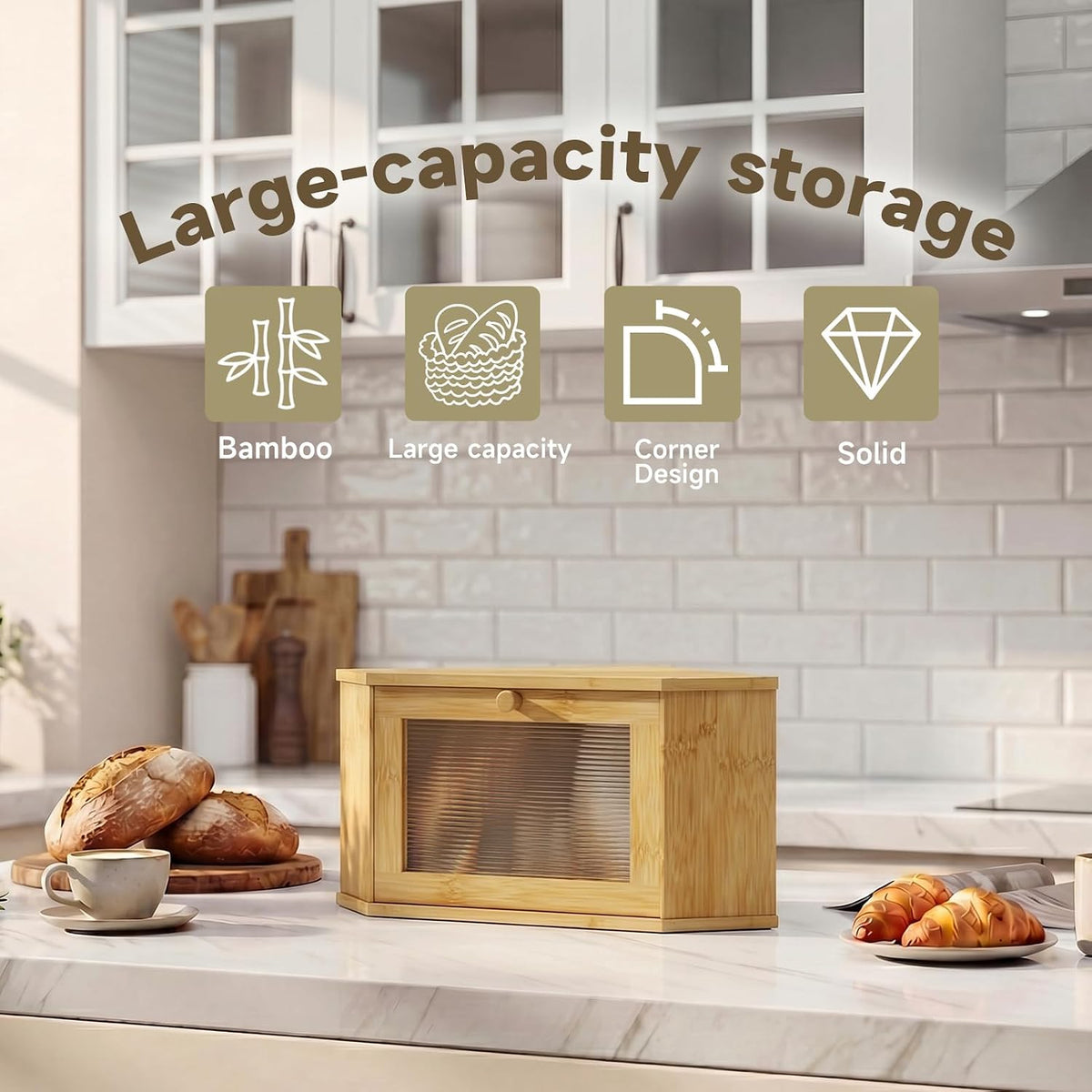 Corner Bread Box For Kitchen Countertop,Bread Storage Bin (Natural, Medium) | Small Bamboo Bread Container,Corner Shelf