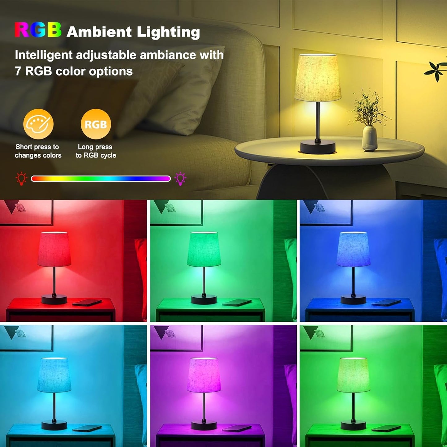 Wowag Small Cordless Table Lamp,5000mAh Rechargeable Battery Operated Desk Lamp,3 Colors & 7 RGB Stepless Dimmable
