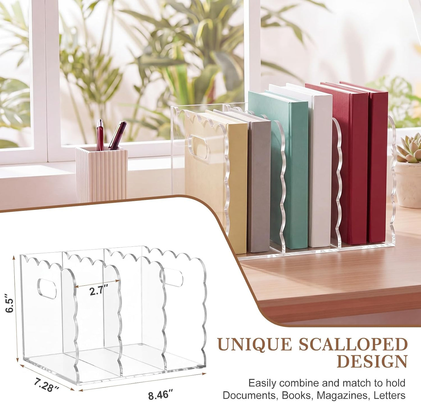 Scalloped Magazine File Holder / Acrylic / 8.46 x 7.28 x 6.5 / Handle Cutout Style / Clear