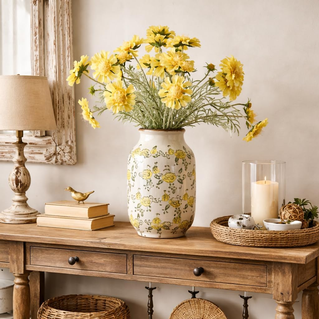 Ceramic Vintage Pastoral Vase / 18049-yellow Rose / 8.78 Inch
