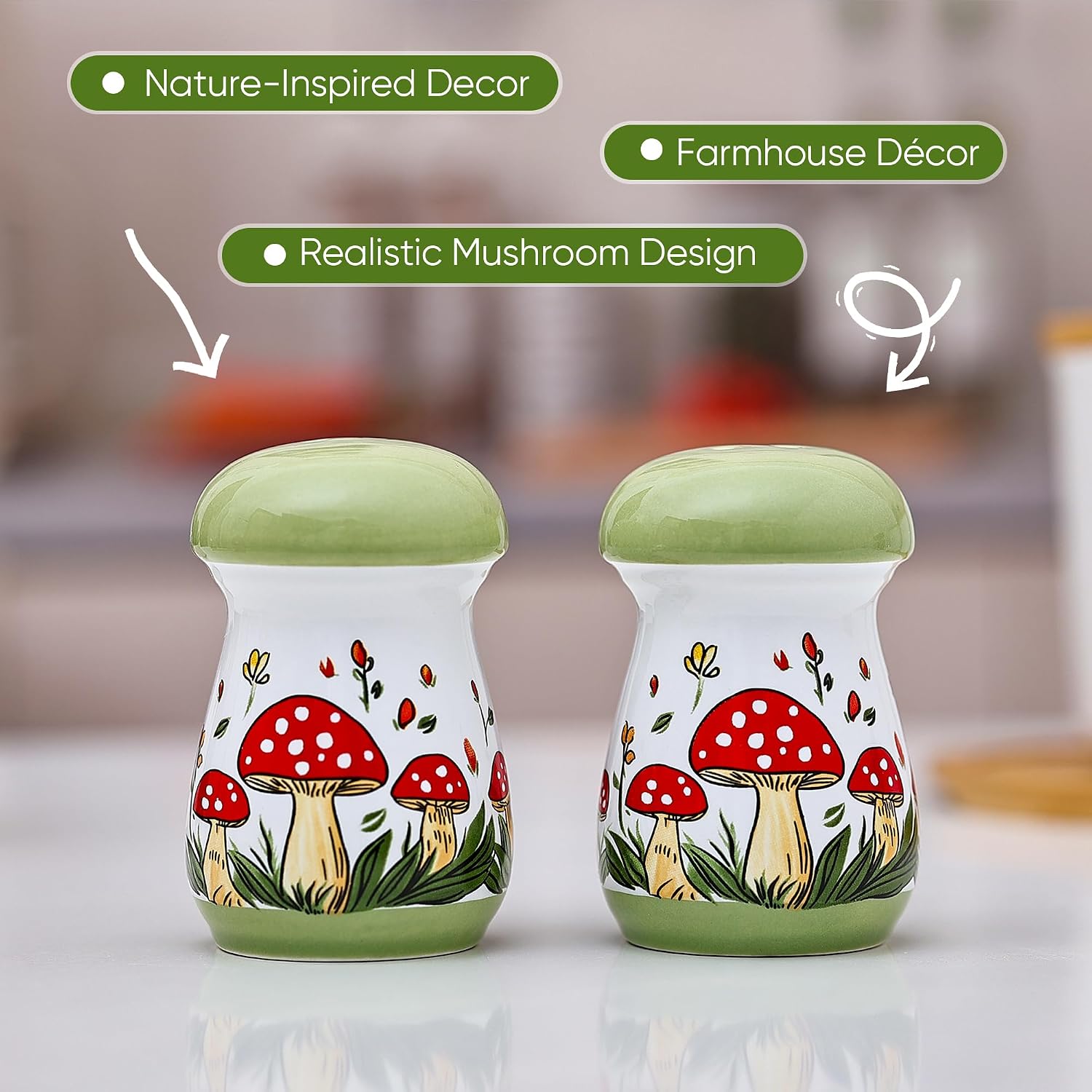 Ceramic Mushroom Salt and Pepper Shakers Set / Green