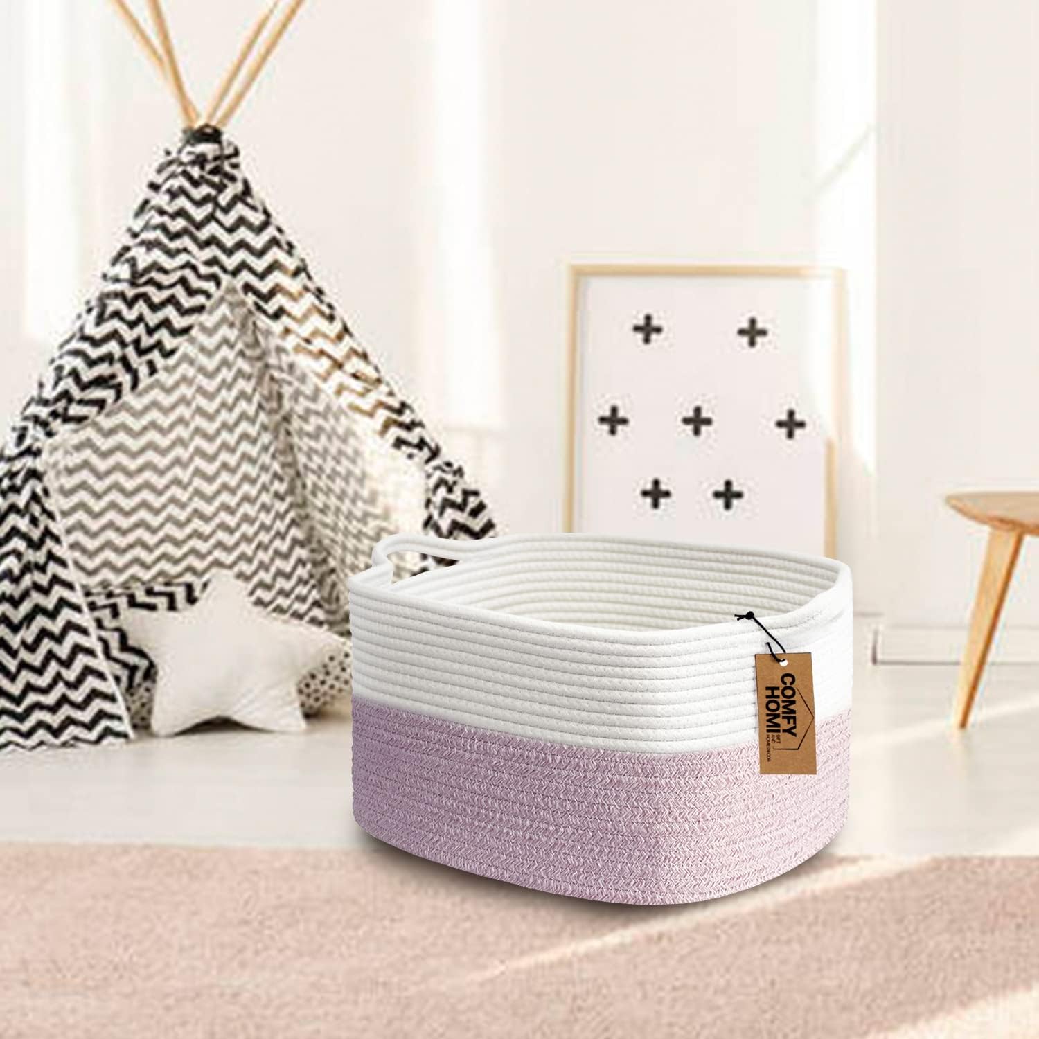 Cotton Rope Woven Medium Basket / 13.5 x 11 x 9.5 / White/pink