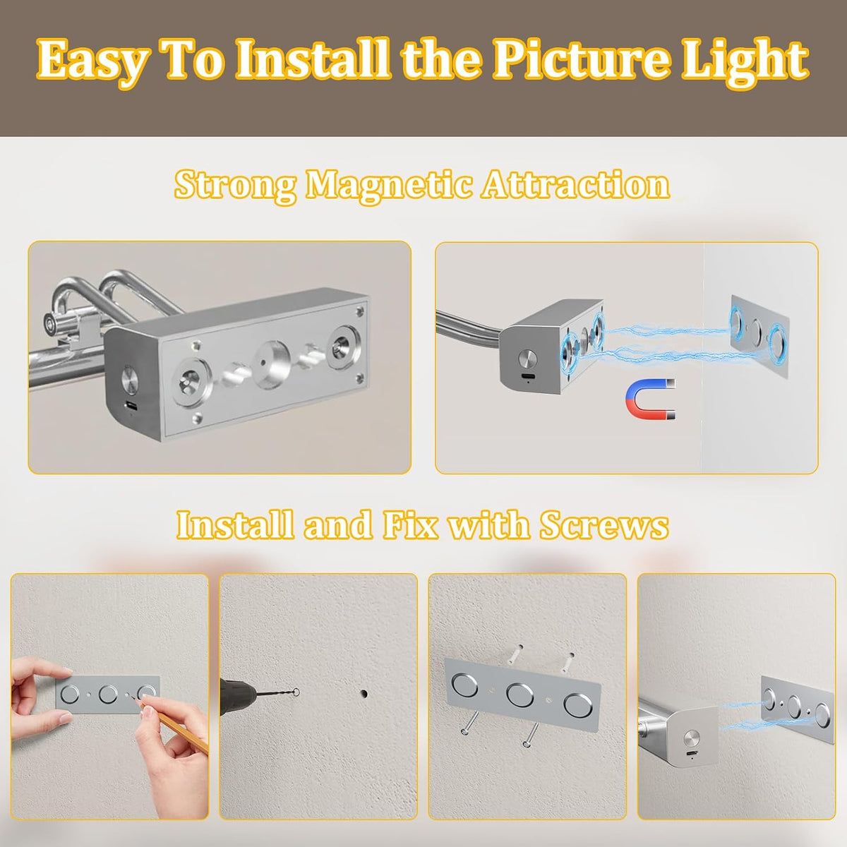 Picture Light for Wall, Platinum Silver, Battery Operated, Remote Control | 4000mAh Cordless,Wall Light, Magnetic for