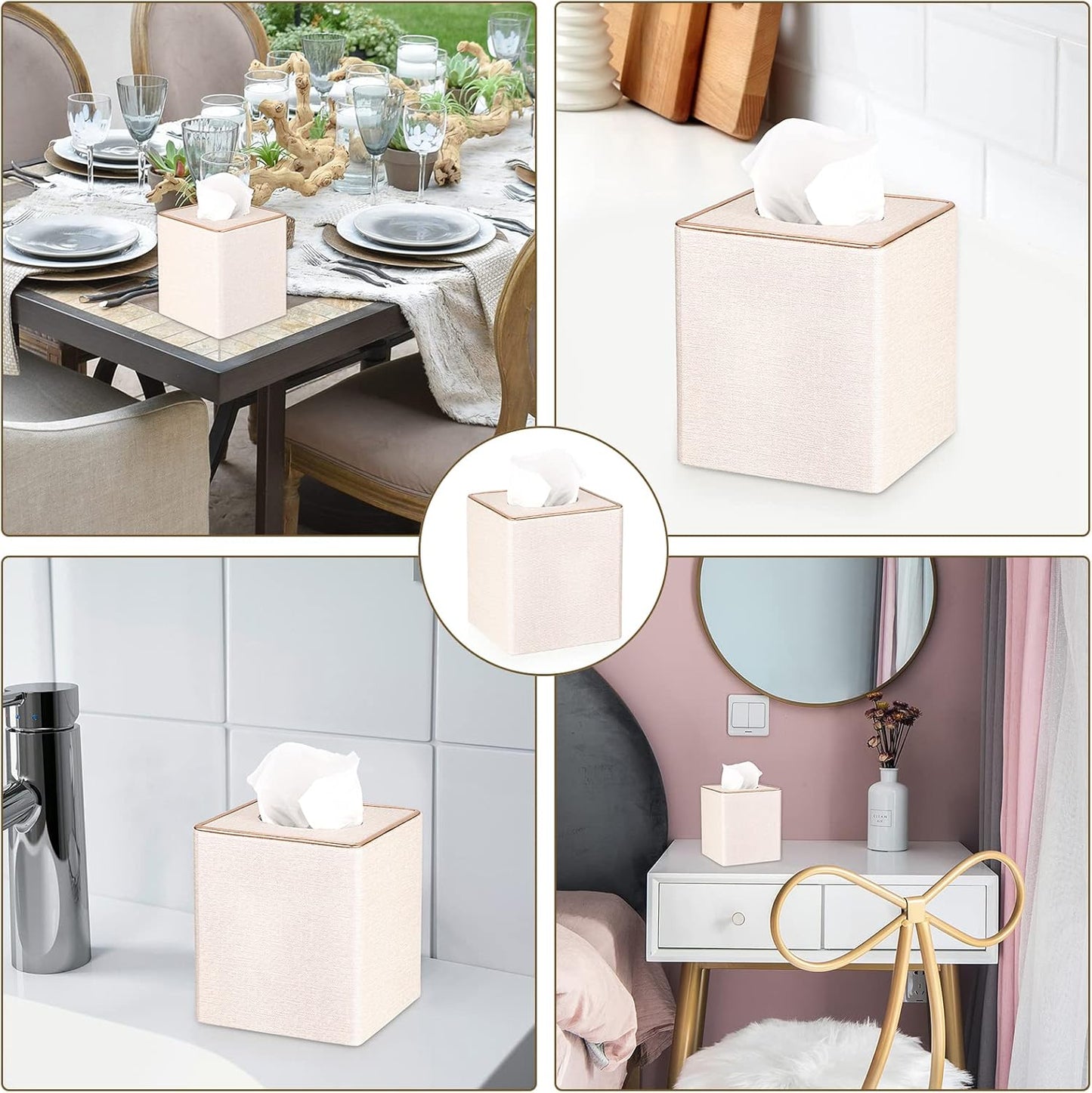 Square Linen Tissue Box Cover / Beige Linen Texture