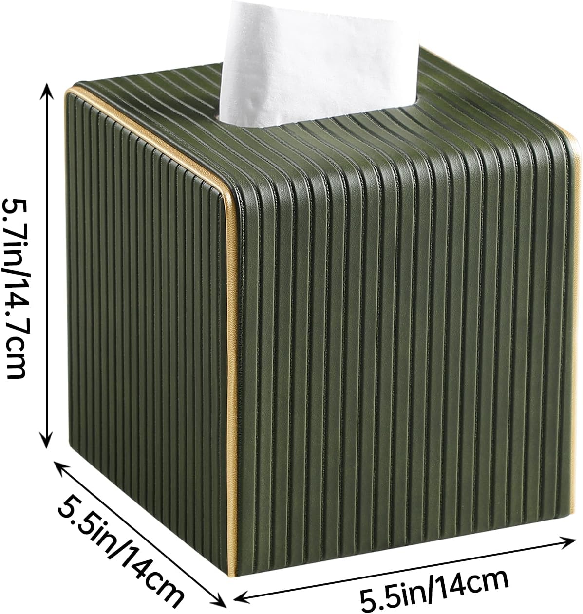 PU Leather Tissue Box Cover Square Tissue Box Holder / Green Fluted