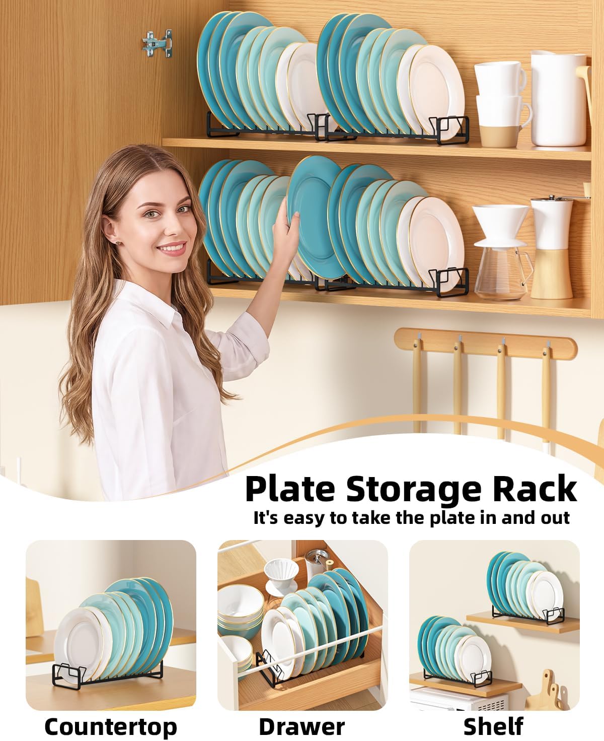 Plate Organizer for Cabinet -2Pack,Dish Rack Organizer for Cabinet Kitchen Countertop Drawer Space Saver，8 Slots