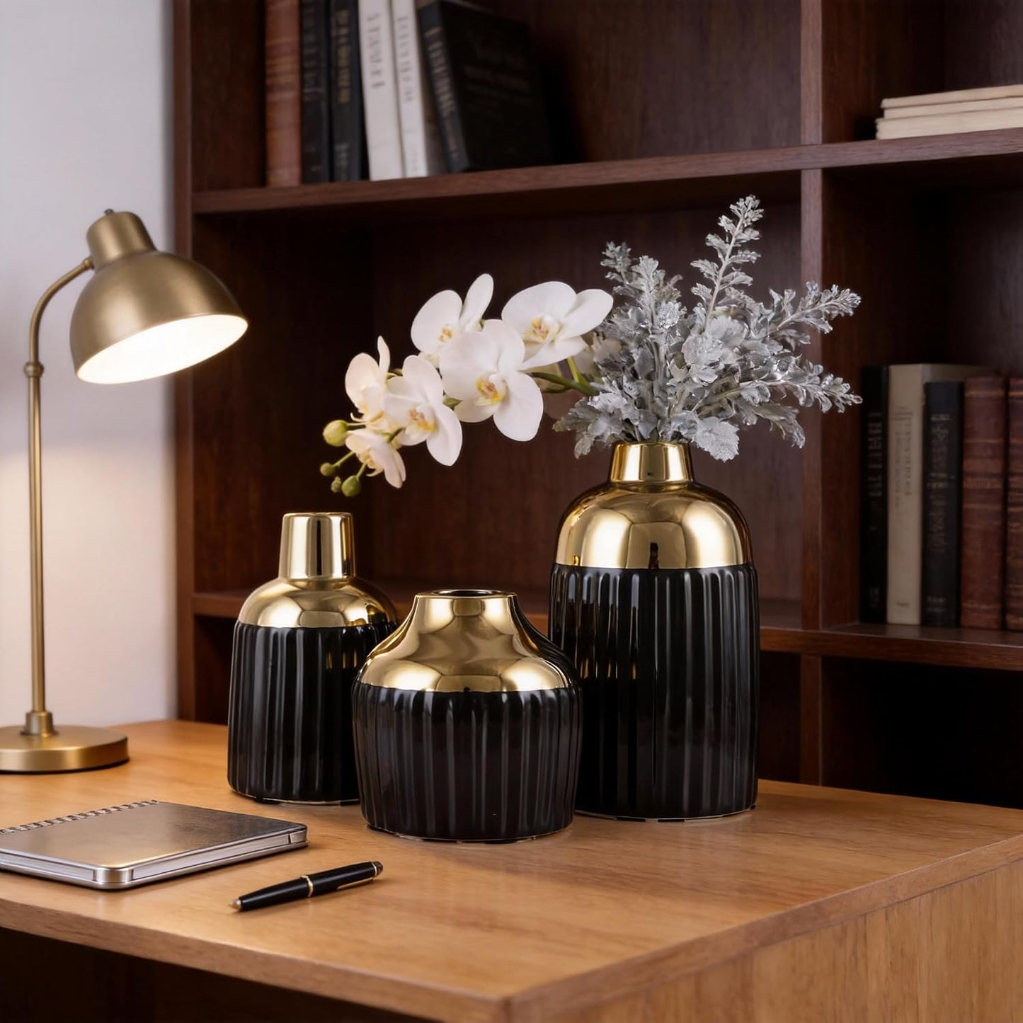 Gold Ceramic Vase 3-Piece Set / Bg / Black