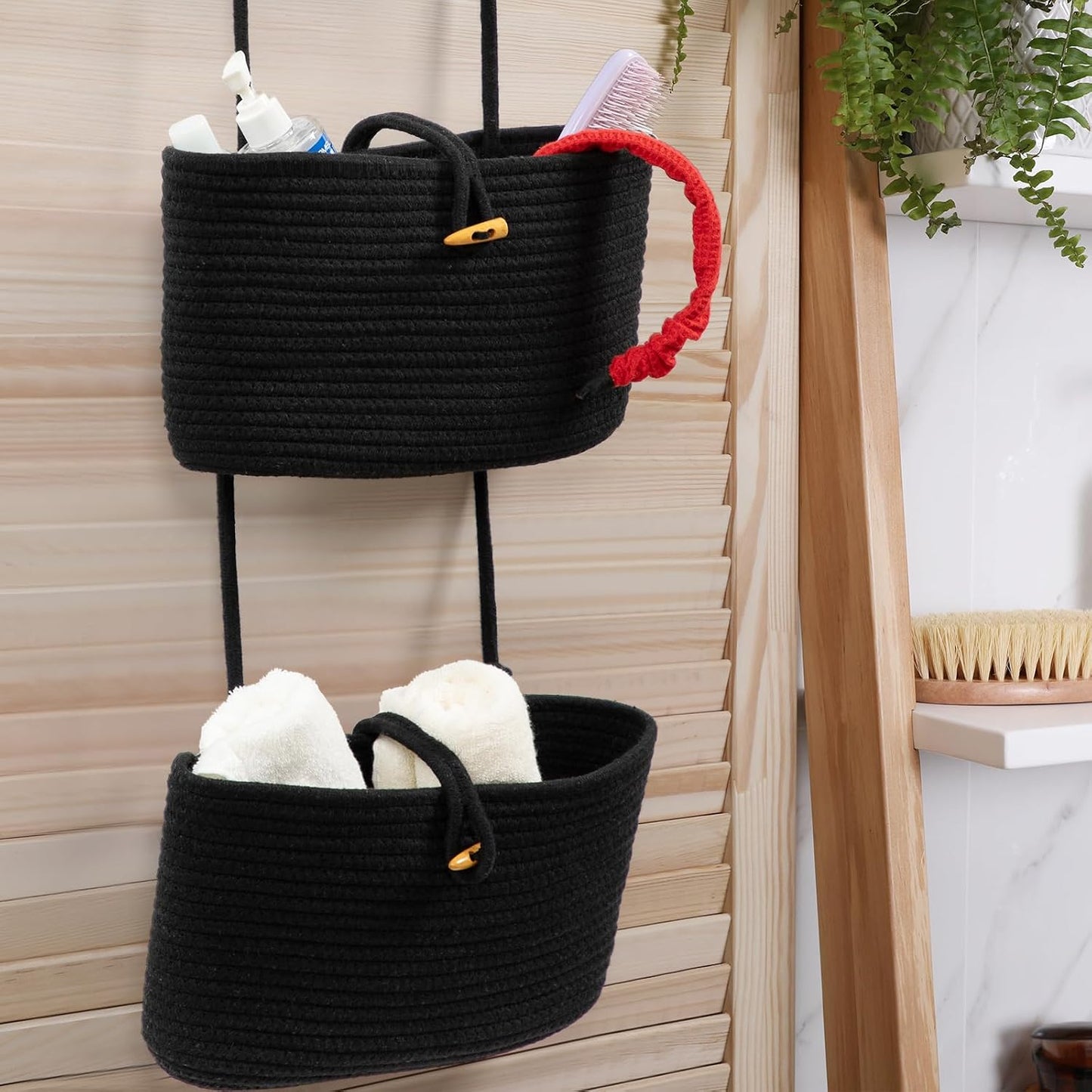 3-Tier Woven Cotton Storage Organizer Bag / Black / 3 Tier+button