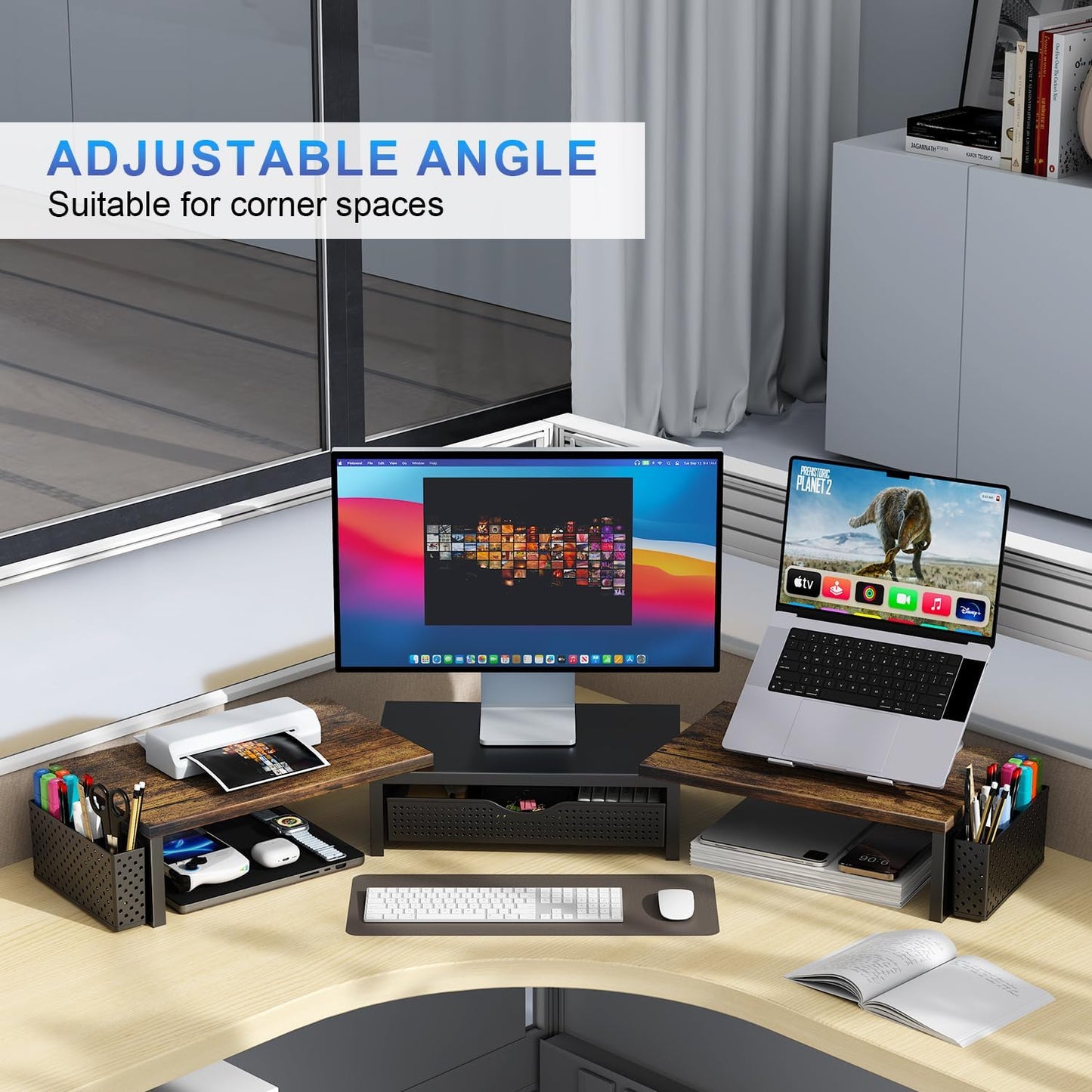 gianotter Dual Monitor Stand Riser With Drawer and 2 Pen Holders | Wood Computer Monitor Stand Desk Organizer and