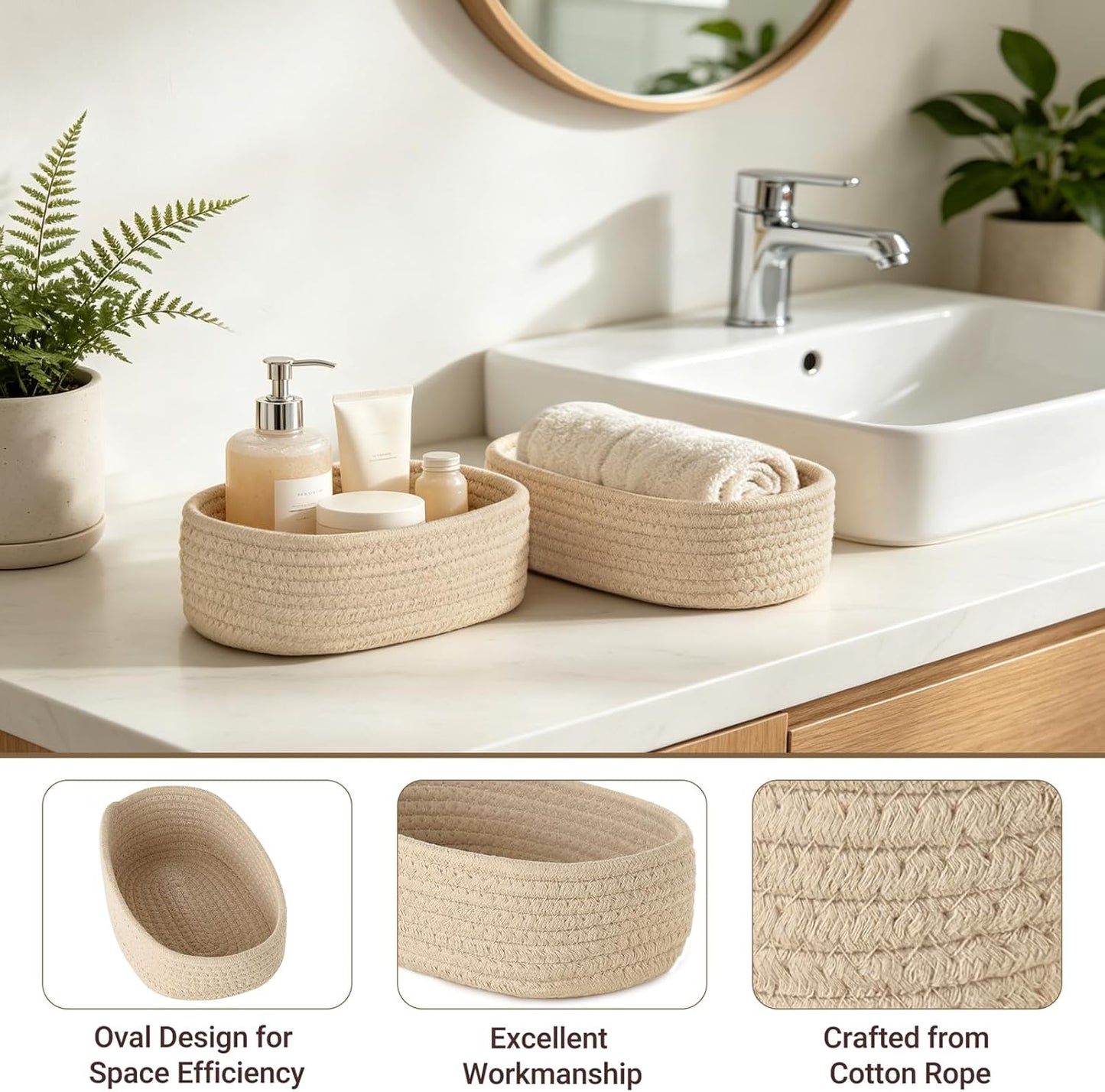 Small Oval Woven Storage Baskets for Organizing / Set of 3