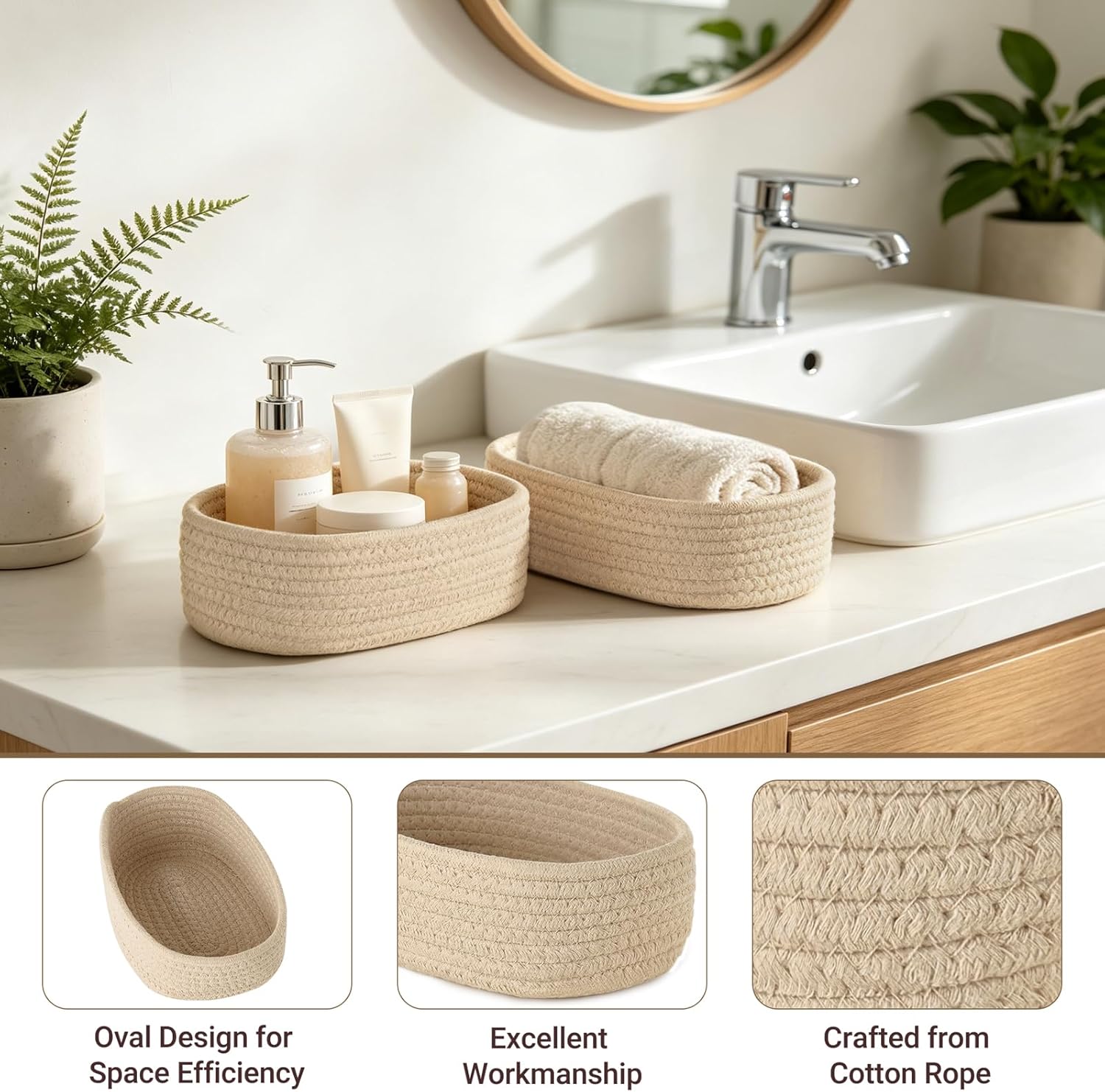 Small Oval Woven Storage Baskets for Organizing / Set of 3
