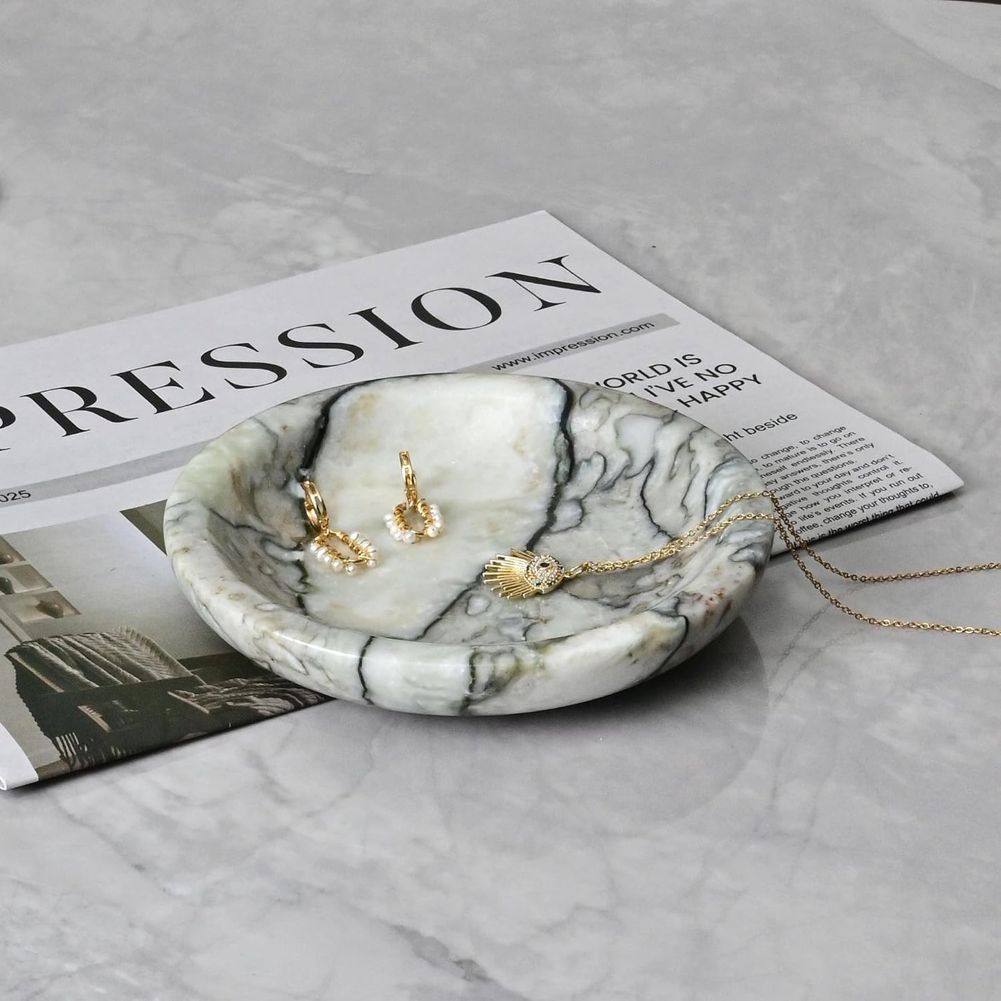 Marble Ring Dish Jewelry Tray / Cold Emerald / Natural