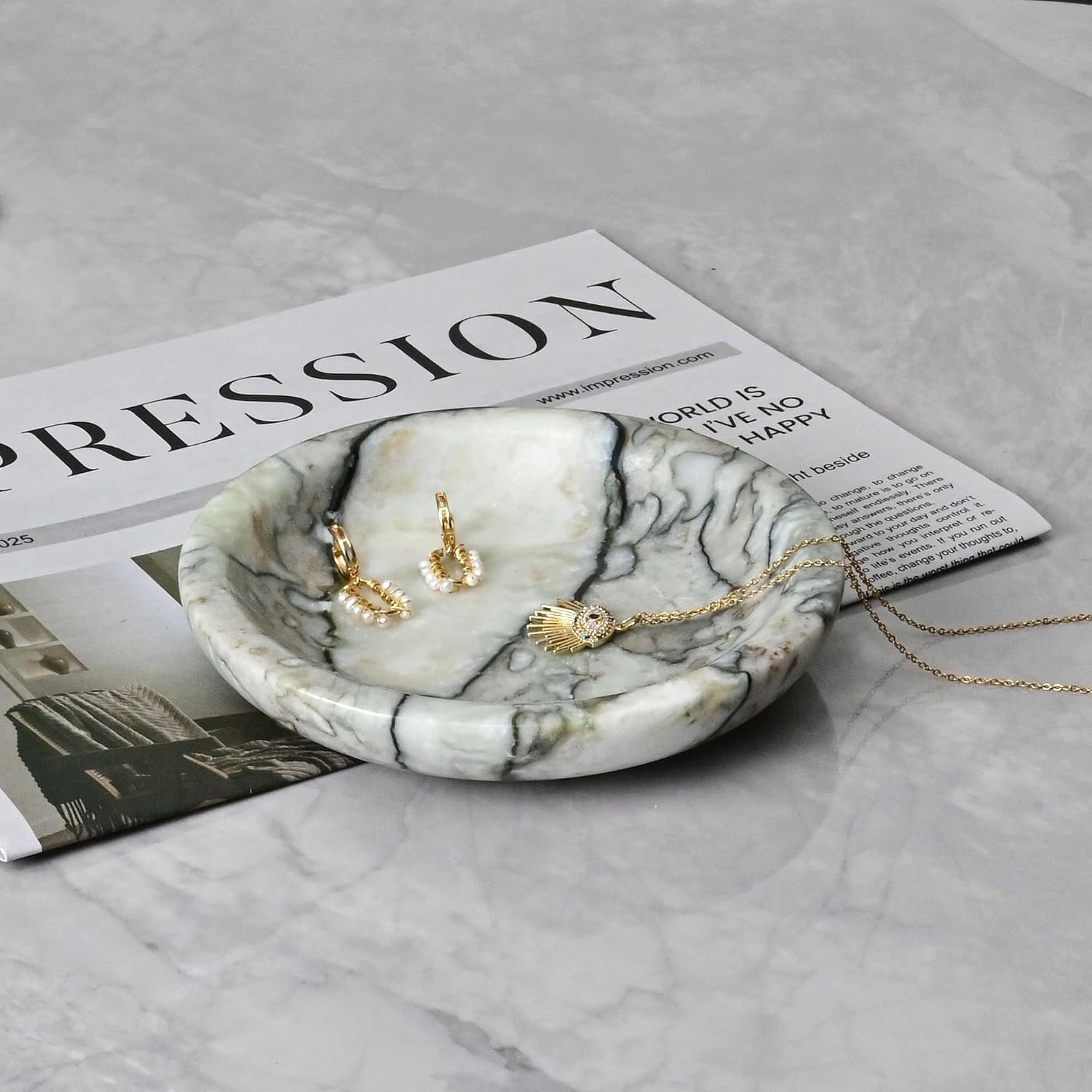 Marble Ring Dish Jewelry Tray / Cold Emerald / Natural