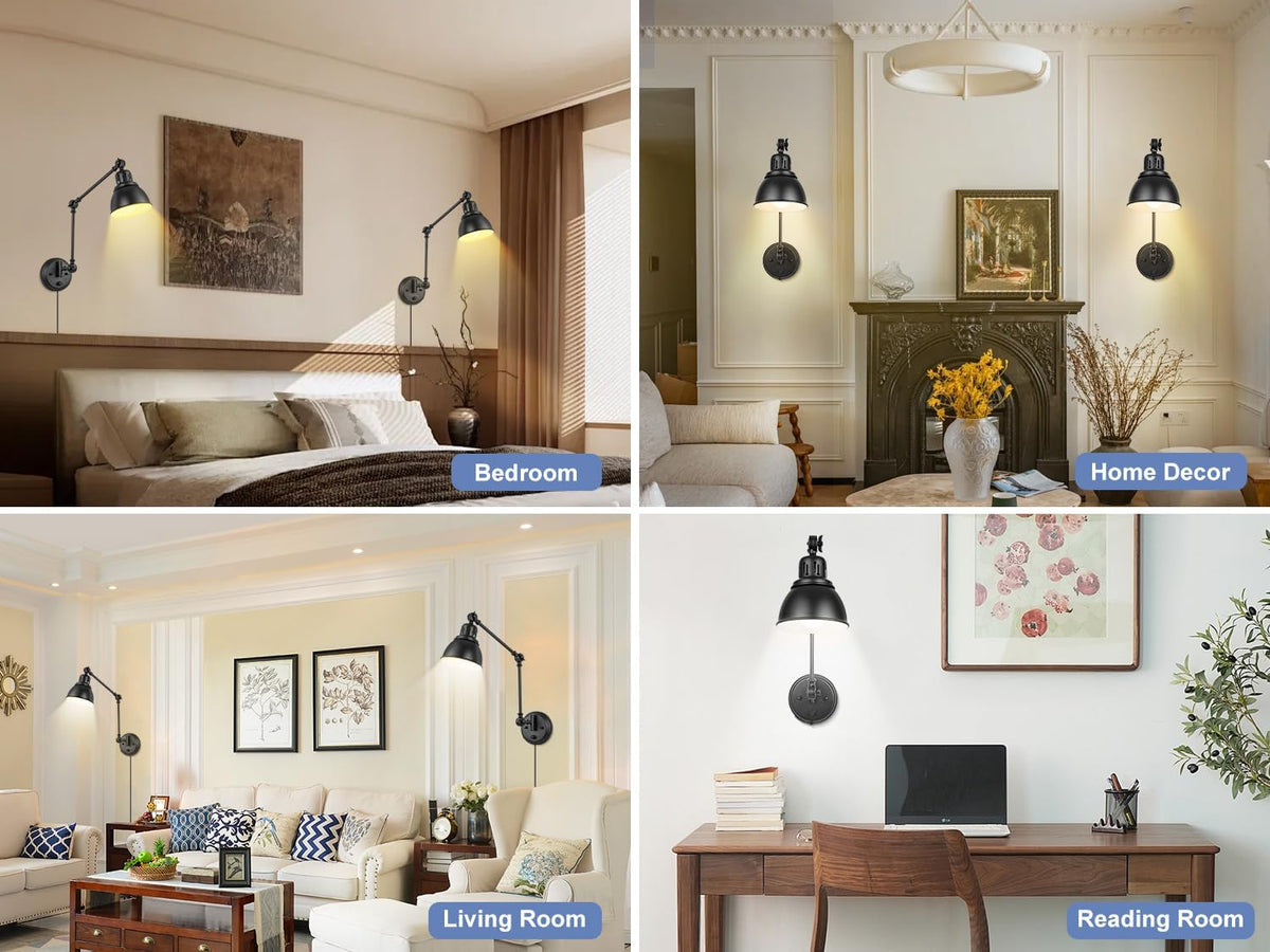 GOODATE 1 Pack Plug in Wall Sconce, Dimmable On Off Switch, Swing Arm Wall Lamp, Black Metal Industrial, Plug in Wall