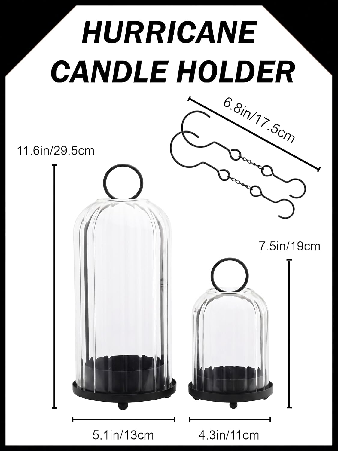 5" & 4" Metal Candle Holder with Ribbed Glass Candle Lanterns Set of 2, Vintage Windproof Hurricane Candle Holders for